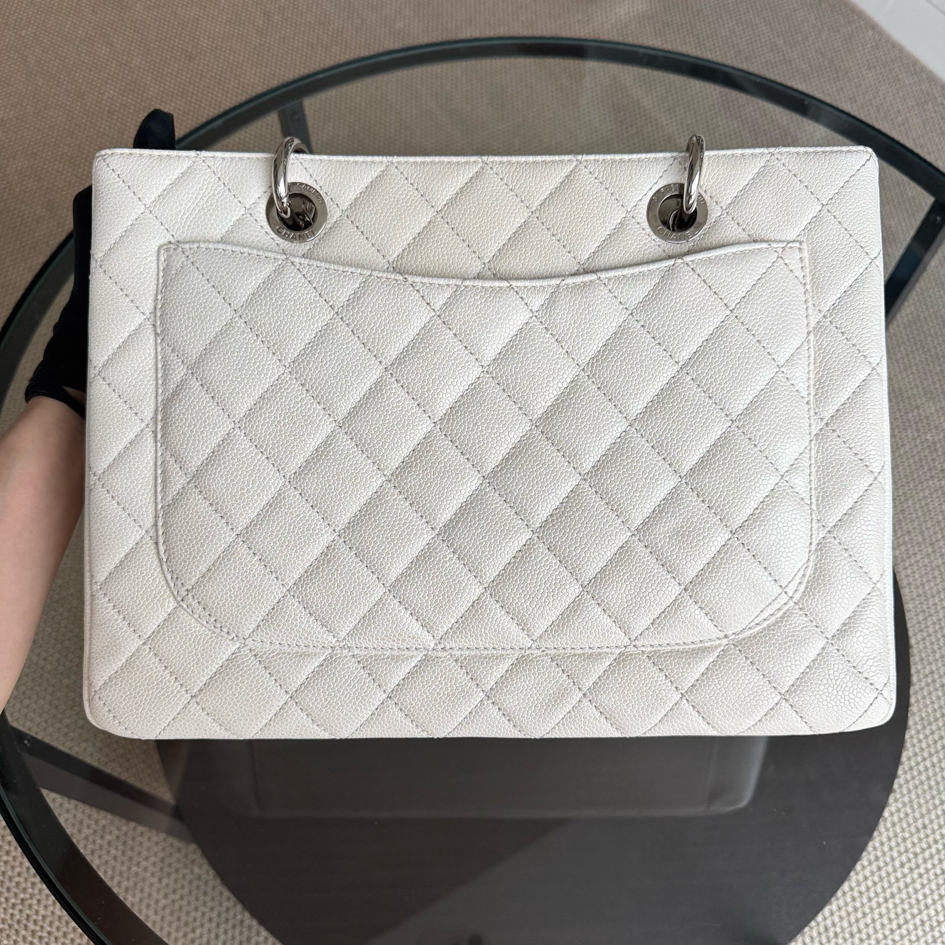Chanel GST Grand Shopping Tote - Caviar Quilted White Silver Hardware Series 18