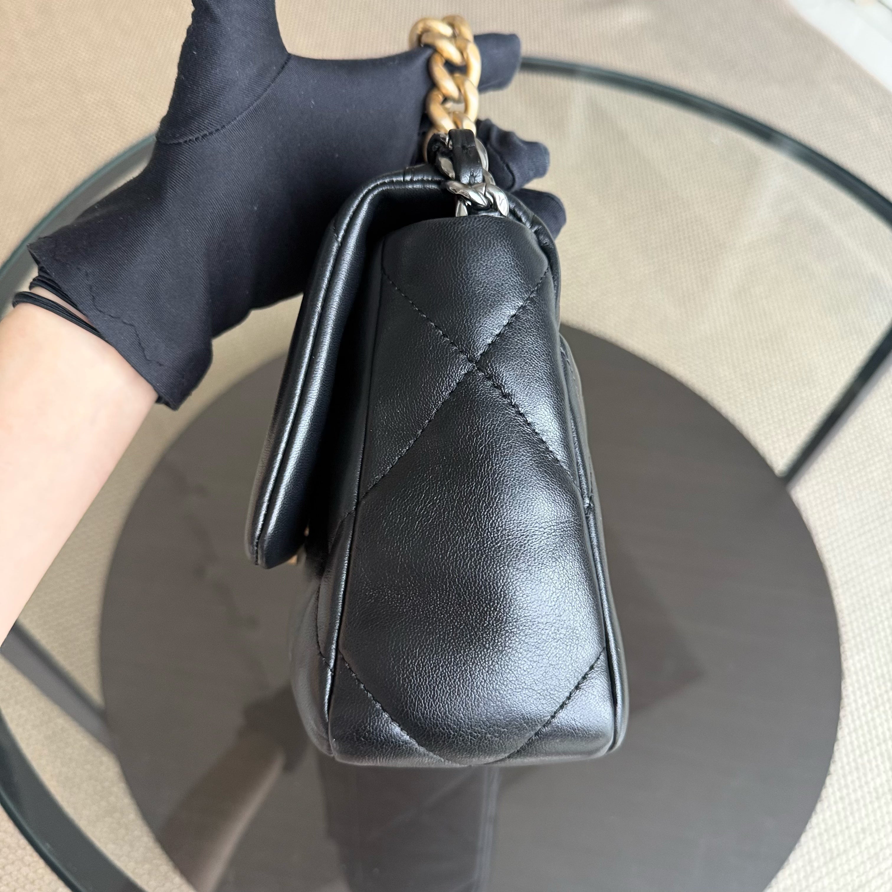 Chanel 19 Bag C19 Small - Quilted Shiny Goatskin Black Two-tone Gold Silver Hardware