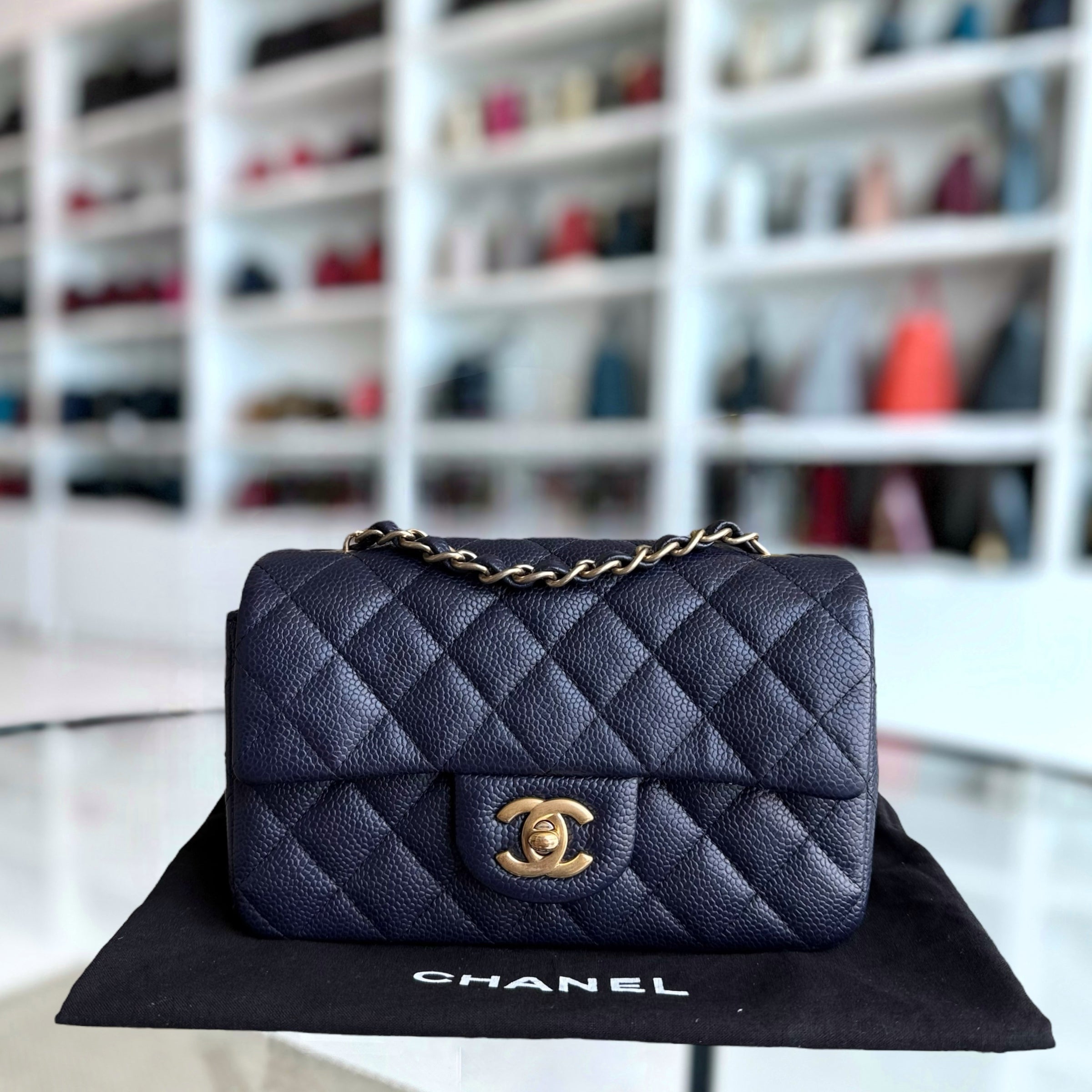 Chanel Classic Flap Mini - Caviar 20CM Quilted Dark Blue Gold Hardware Series 21