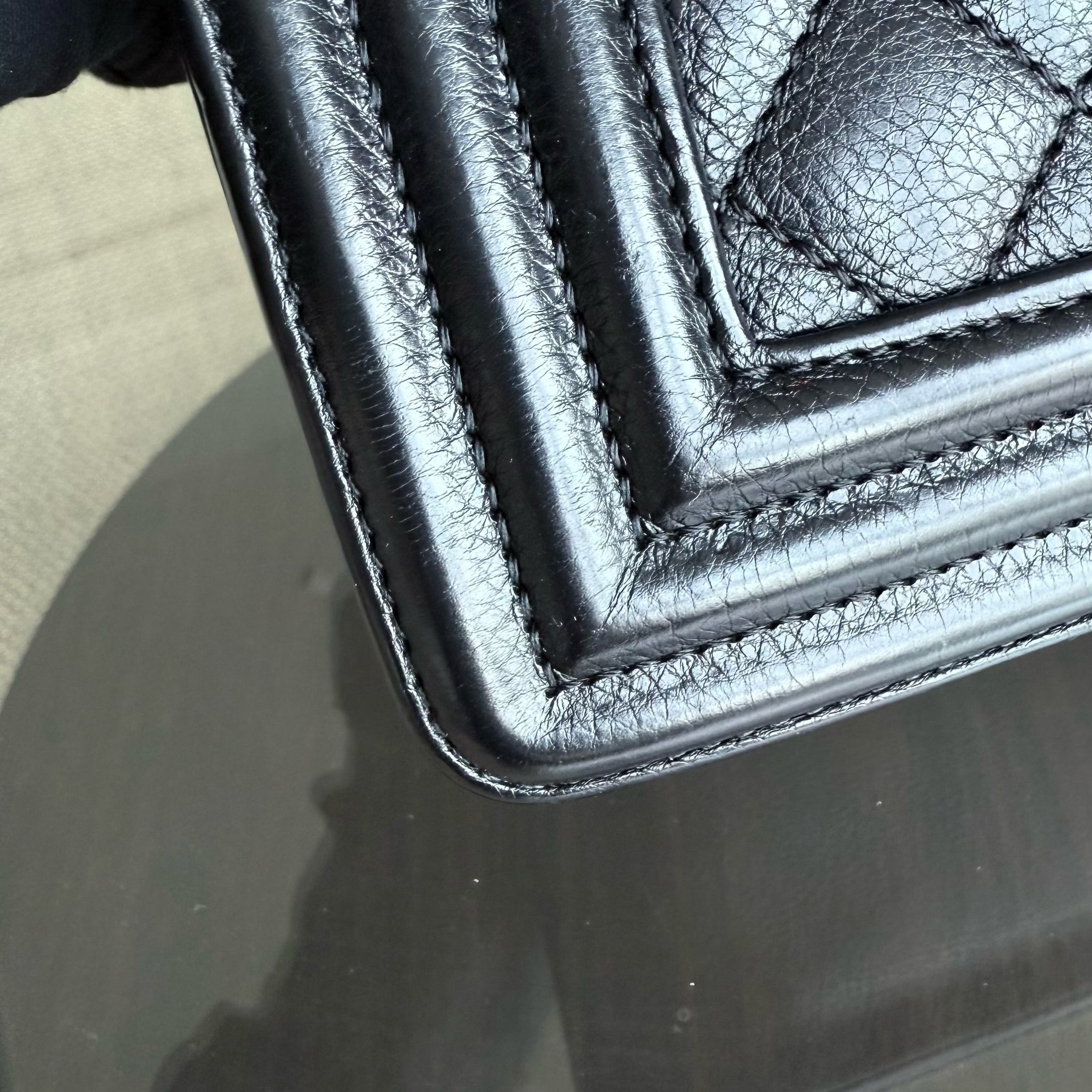 Chanel Boy Medium - 25CM Quilted Grained Calfskin Black Silver Hardware Series 23