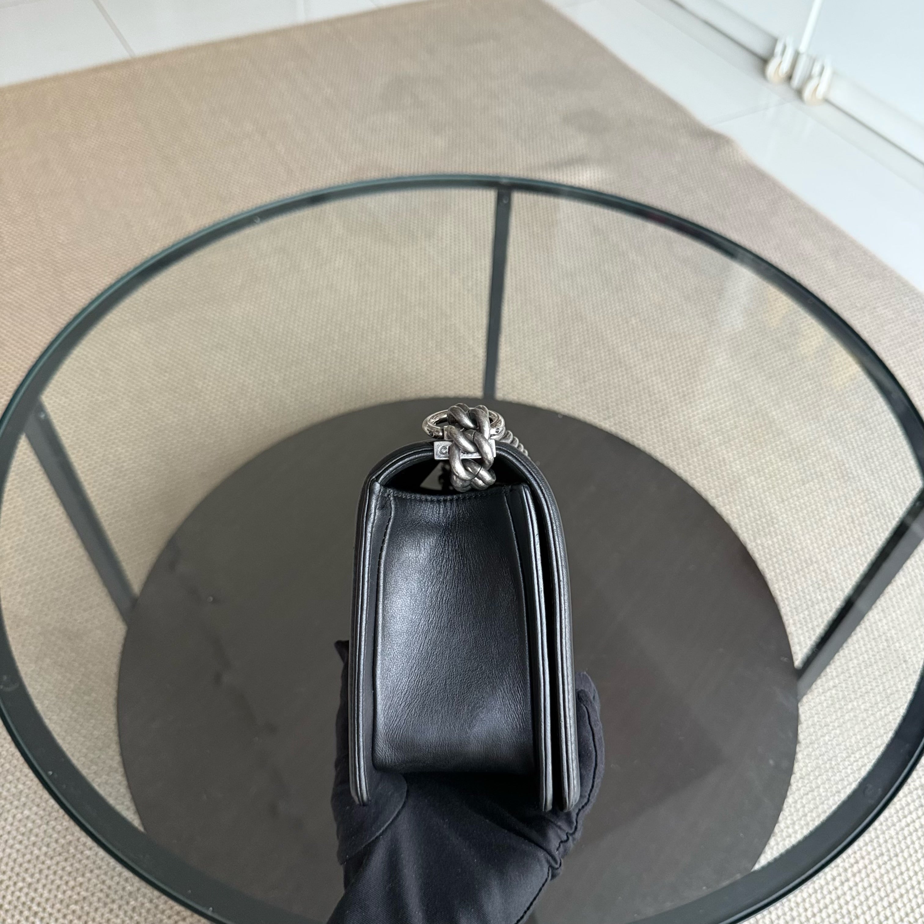 Chanel Boy Old Medium 25CM Quilted Lambskin Black Leboy Ruthenium Silver Hardware