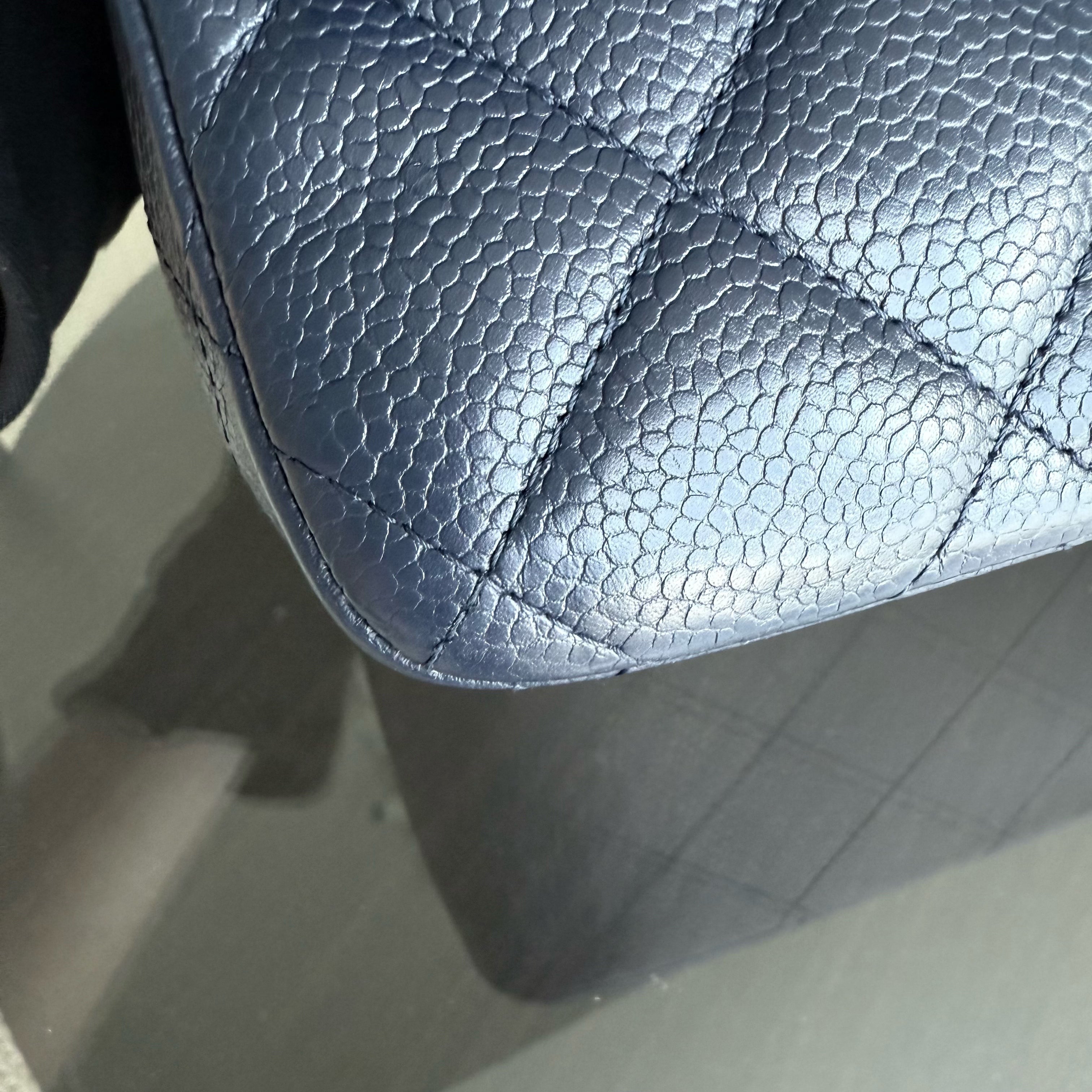Chanel Classic Flap Jumbo - Caviar Double Flap 30CM Quilted Grained Calfskin Dark Navy Blue Silver Hardware Series 19