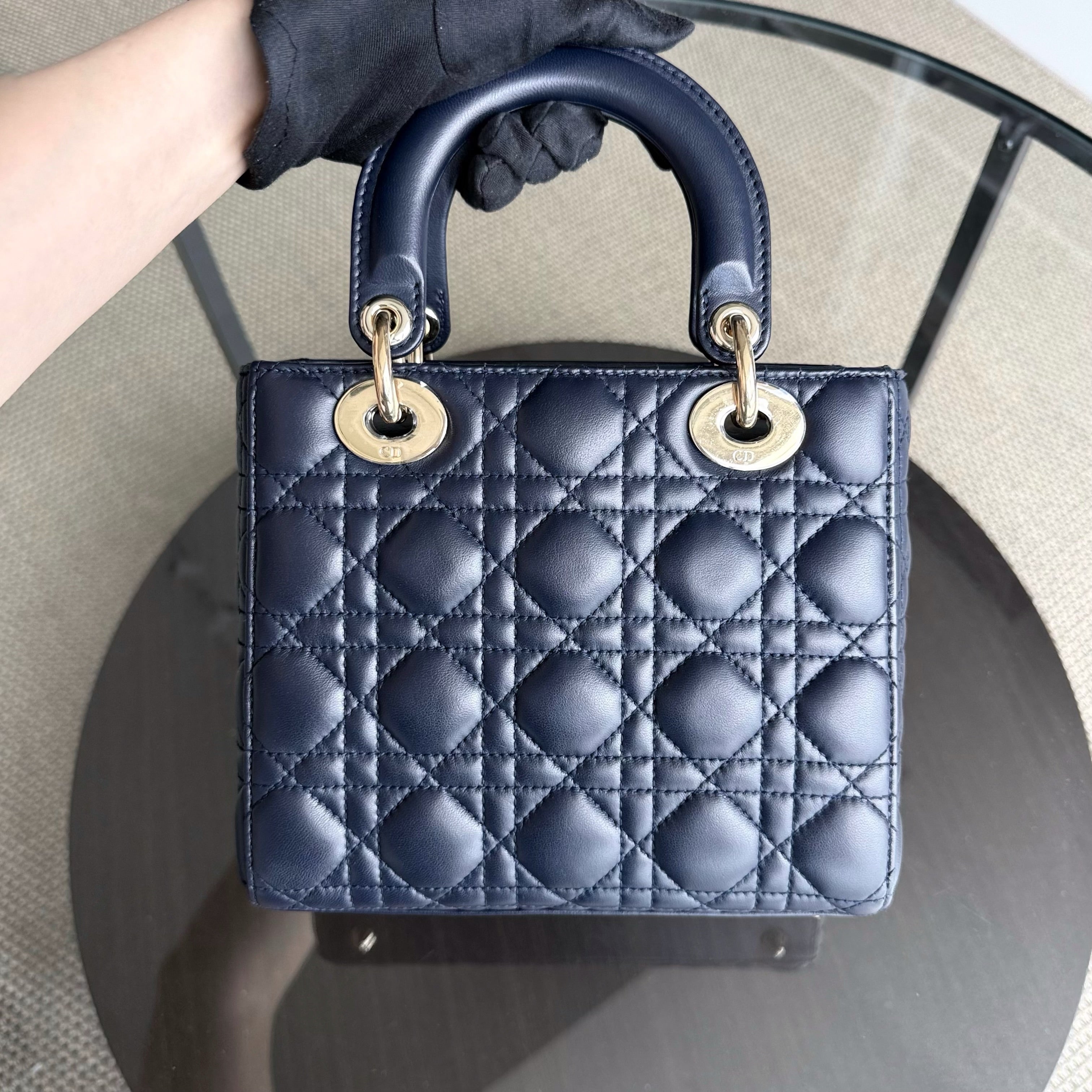 Dior Lady Small Flap - Cannage Lambskin Dark Navy Blue Gold Hardware with Charms