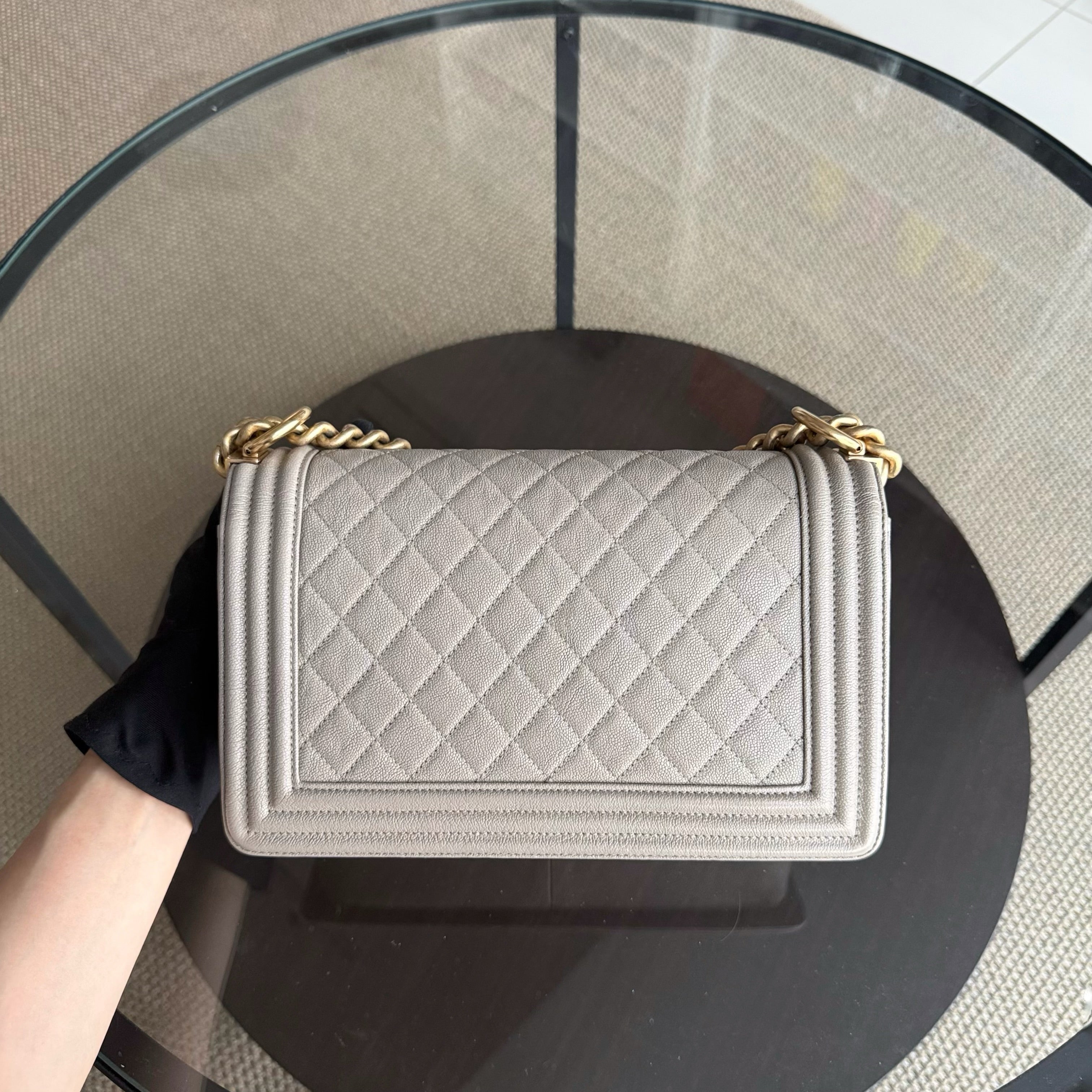Chanel Boy Medium - Caviar 25CM Quilted Grained Calfskin Grey Gray Gold Hardware Series 27