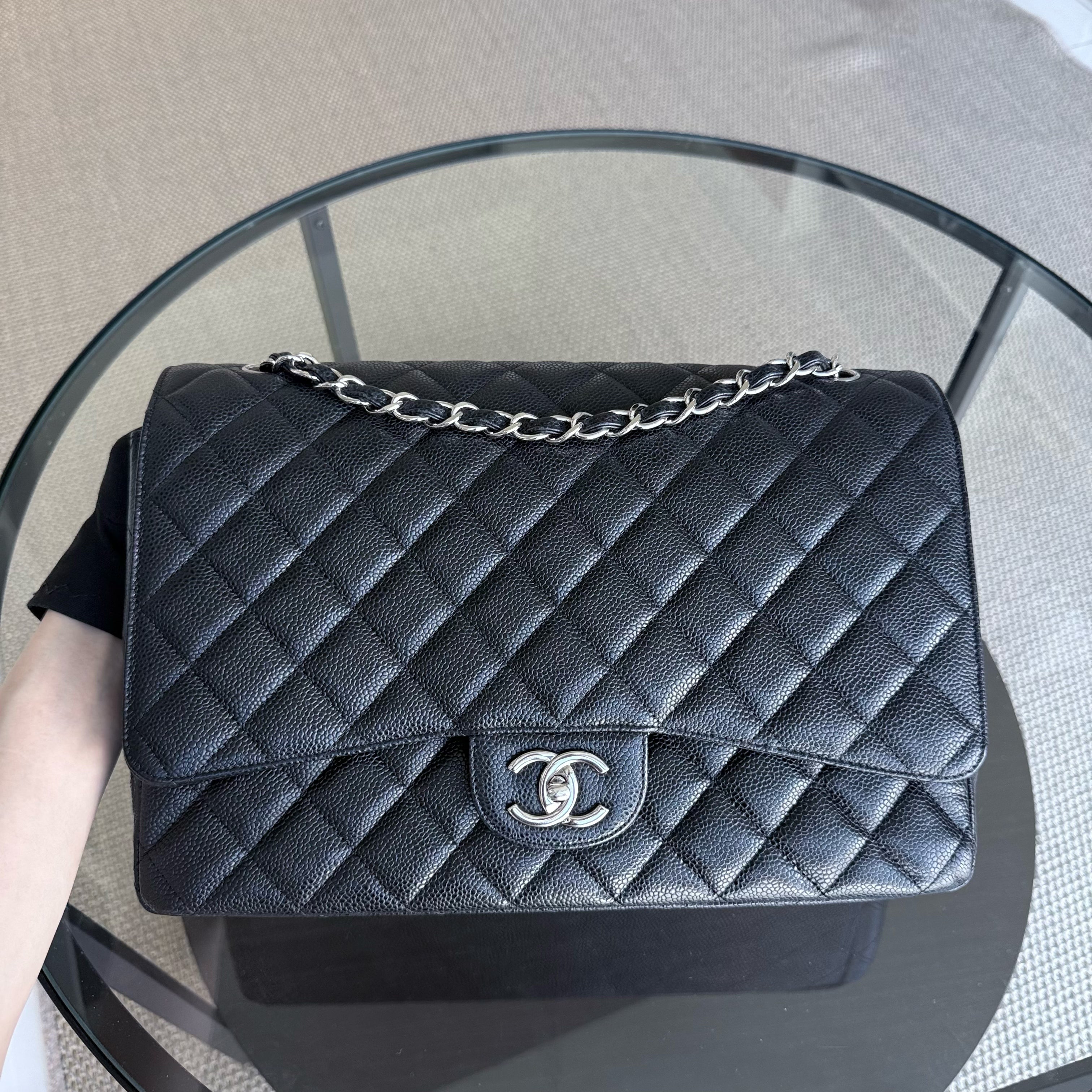 Chanel Classic Flap Maxi - Caviar Double Flap 33CM Quilted Black Silver Hardware Series 15