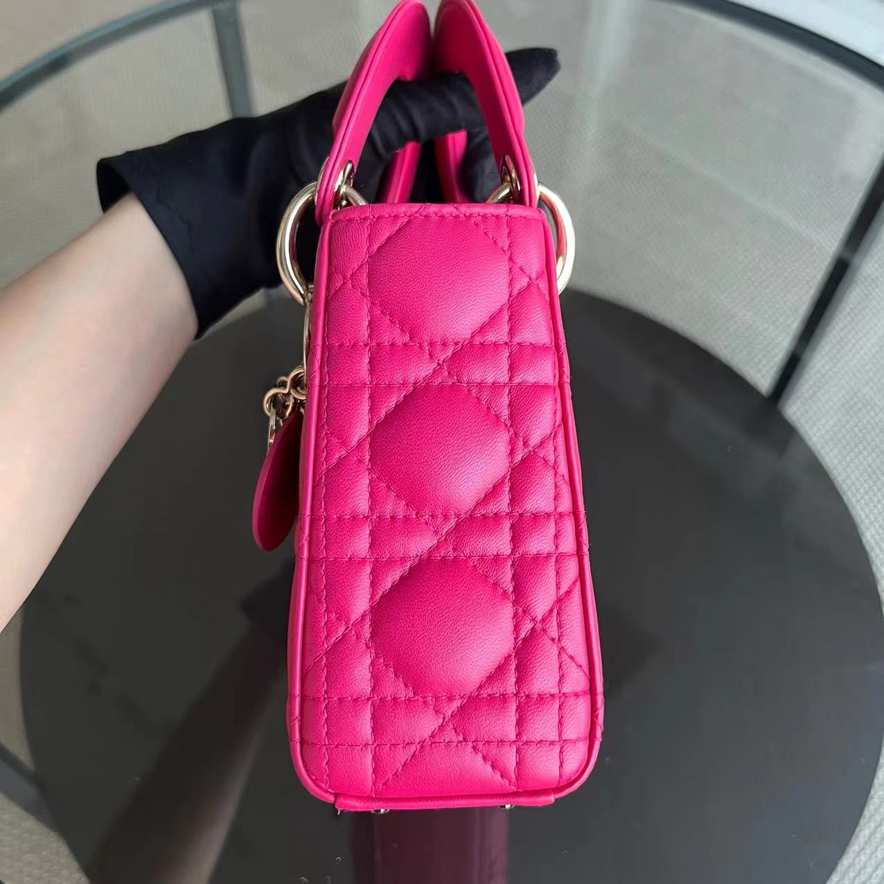 Lady Mini Lambskin Cannage Hot Pink Golden Hardware