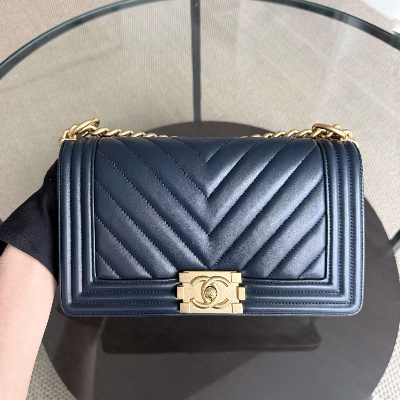 Chanel Boy Medium - 25CM Chevron Lambskin Dark Navy Blue Gold Hardware Series 25