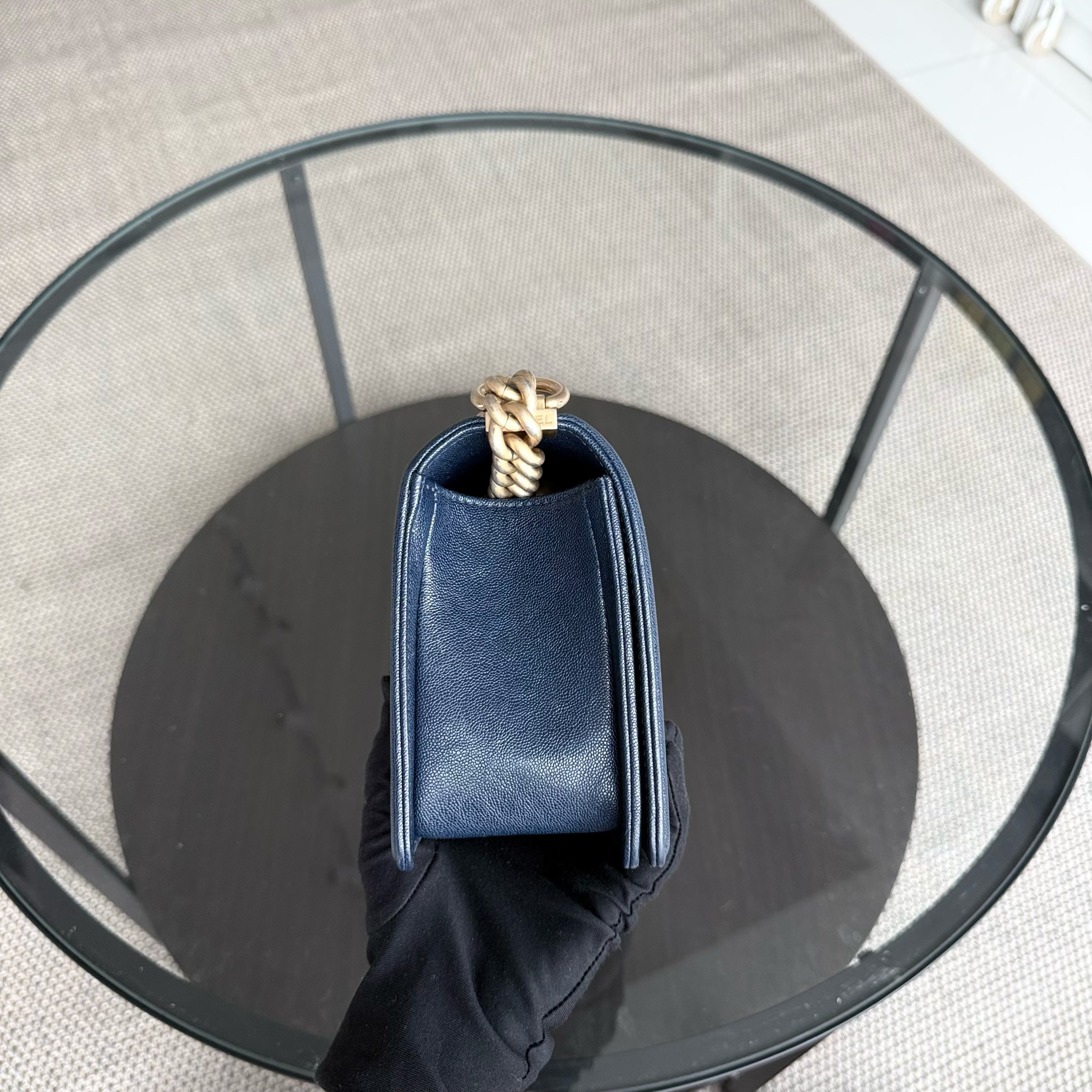 Chanel Boy Medium - Caviar 25CM Quilted Dark Blue Gold Hardware Series 27