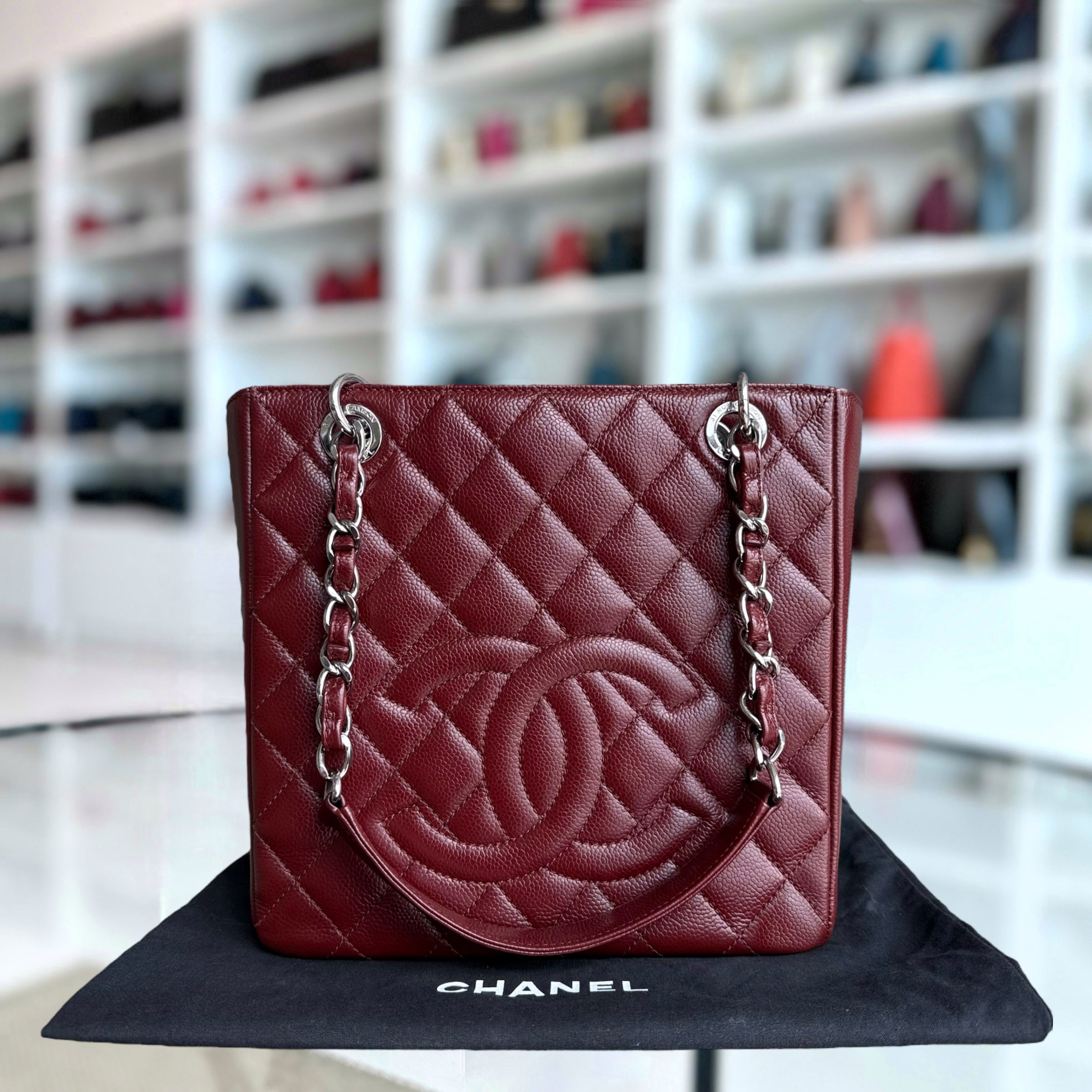Chanel PST Petite Shopping Tote - Caviar Quilted Burgundy Dark Red Silver Hardware Series 18