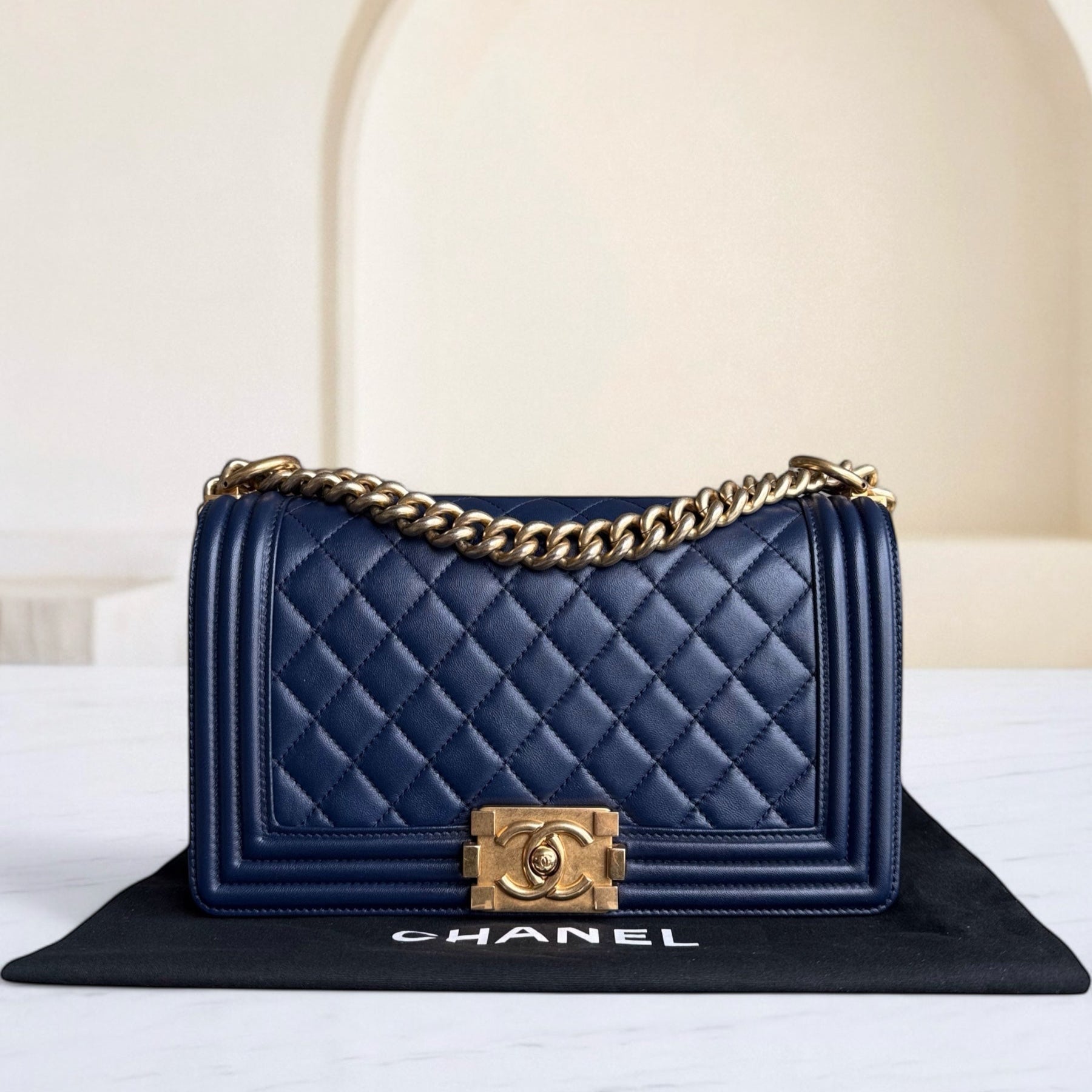 Chanel Boy Meidum - 25CM Quilted Lambskin Dark Blue Gold Hardware Series 21
