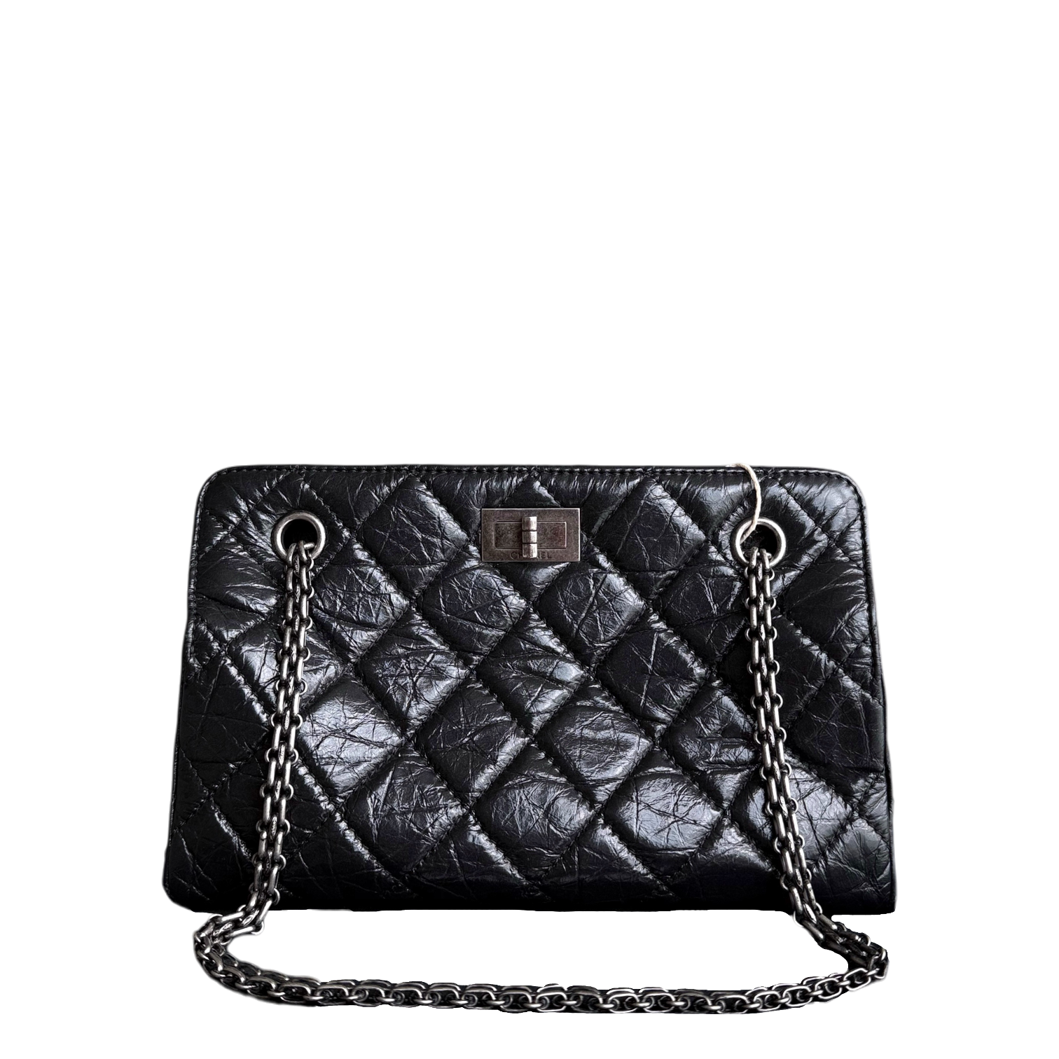 Chanel 2.55 Small Shopping Tote - Quilted Black Glazed Calfskin Silver Hardware Series 20