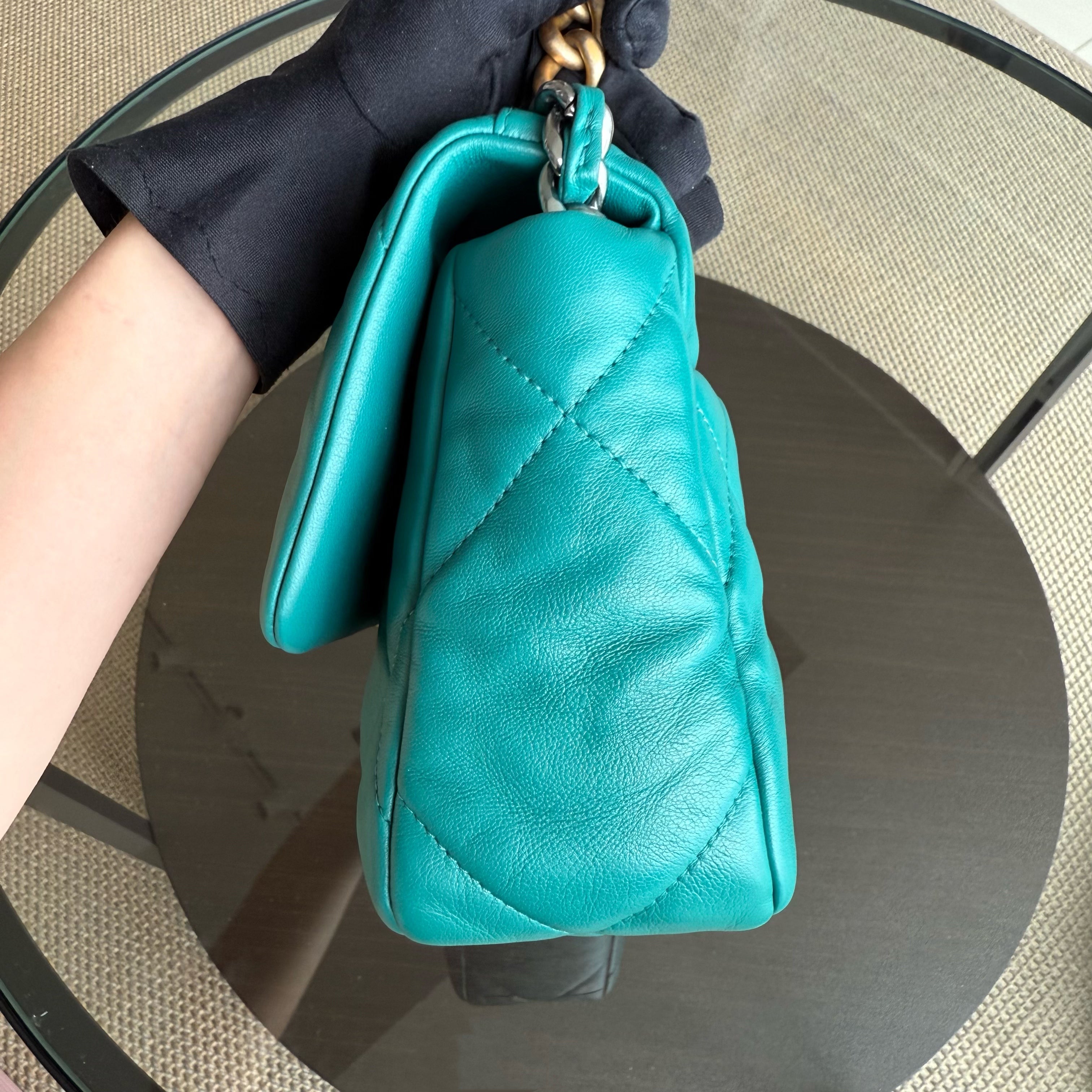 Chanel 19 Bag Small - Quilted Goatskin Green Blue Two-tone Hardware Series 30