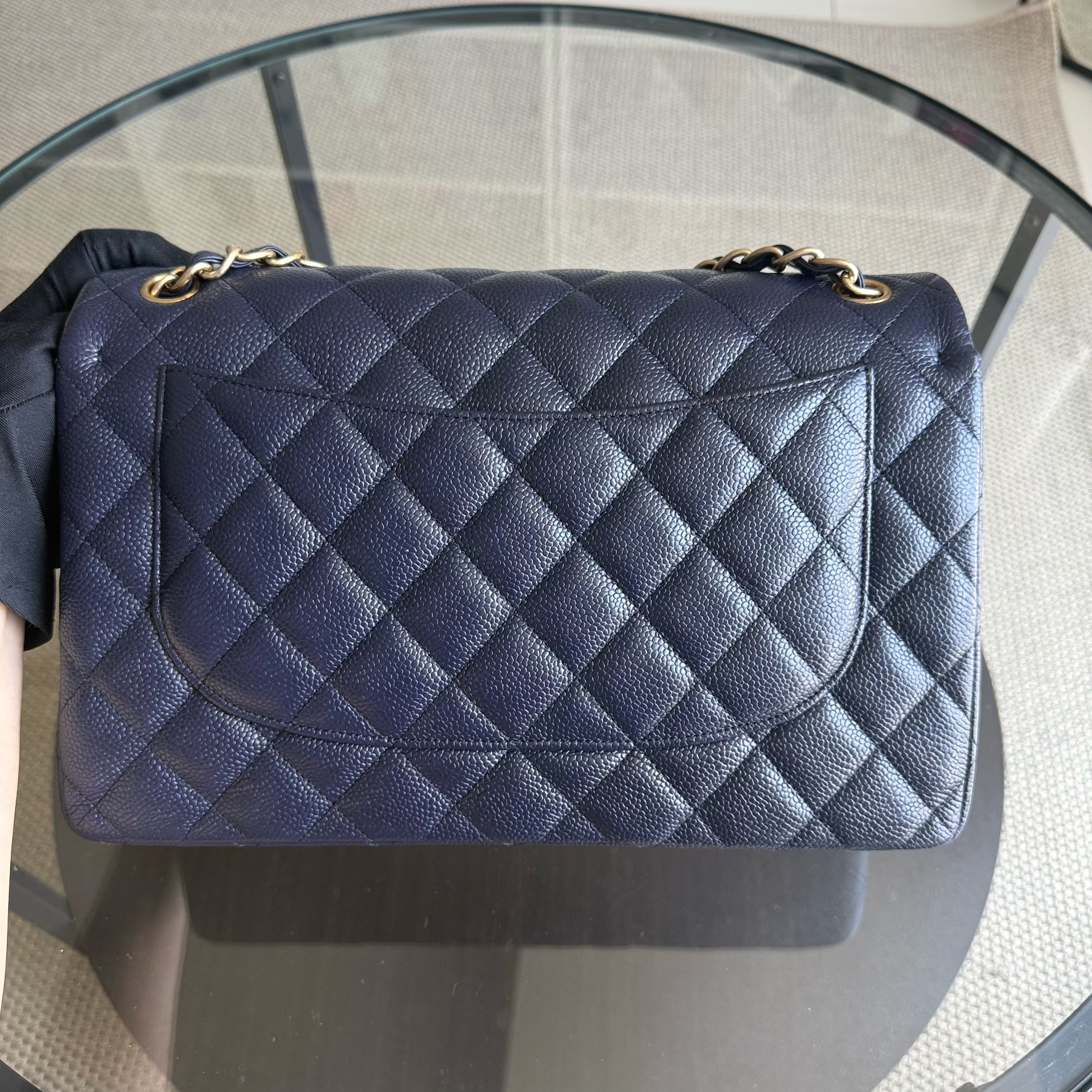 Chanel Classic Flap Jumbo - Caviar Double Flap 30CM Quilted Dark Blue Gold Hardware Series 21