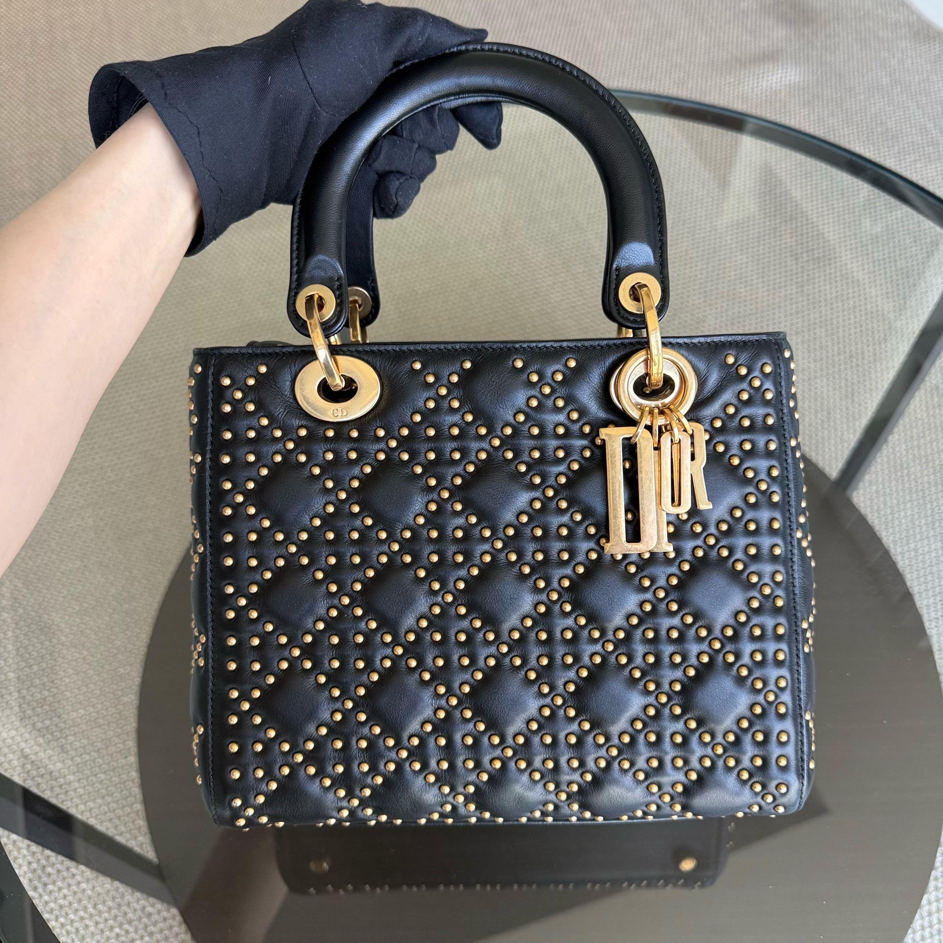 Dior Lady Medium Flap - Studded Cannage Calfskin Black Gold Hardware