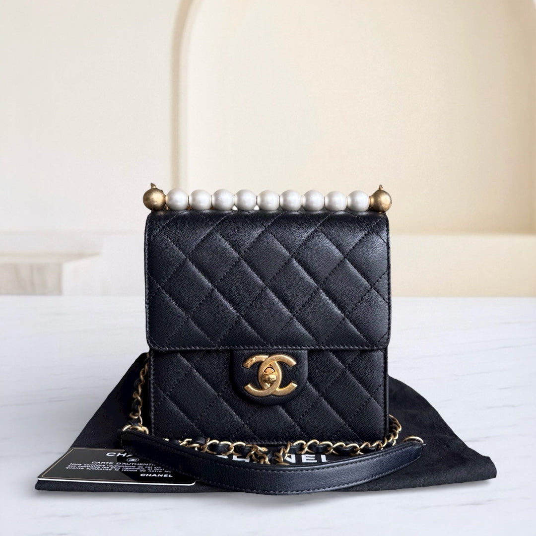 Chanel Mini Flap Chic Pearl Lambksin Black Bag Gold Hardware Series 28