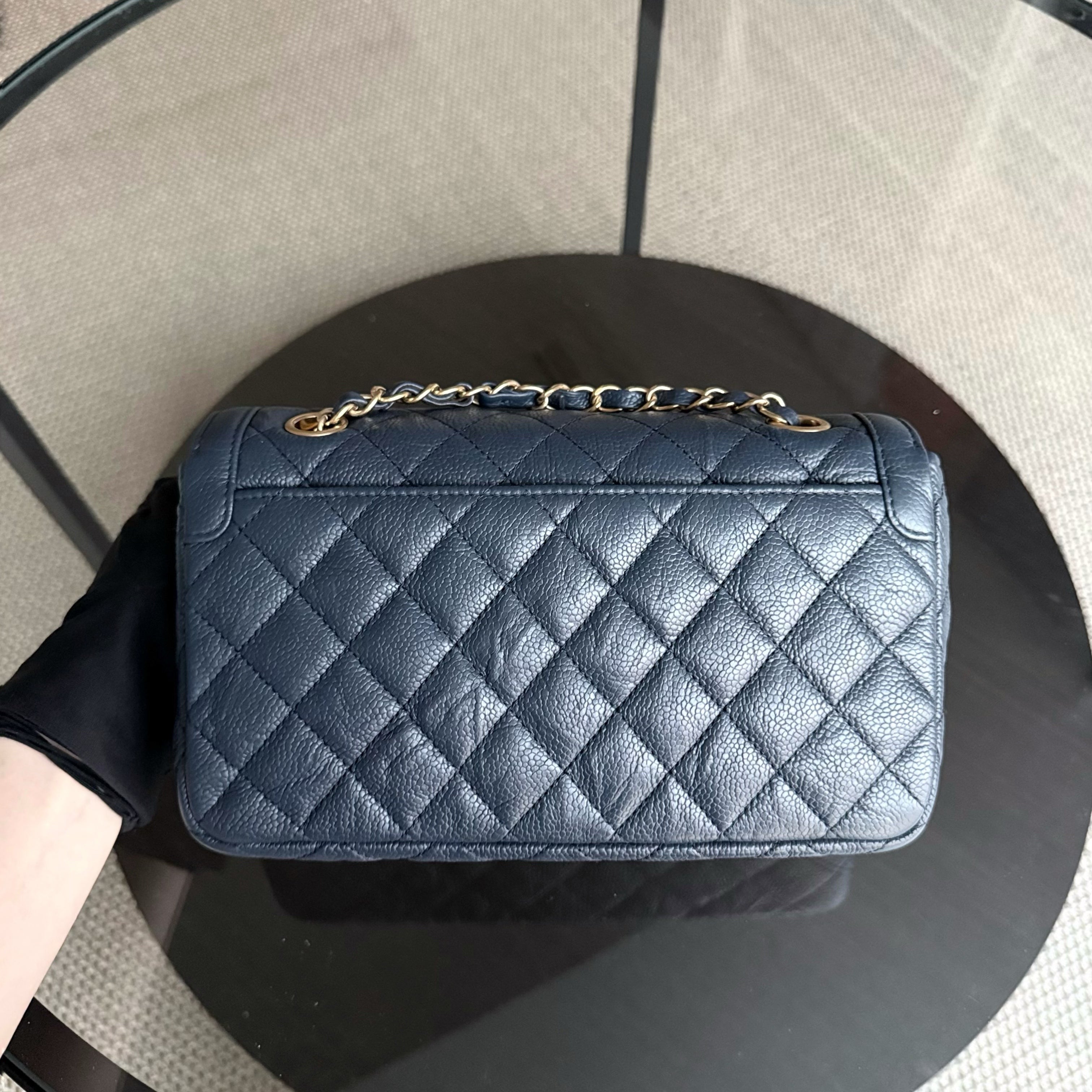Chanel Two Tone Flap - 23CM Small Crumpled Grained Calfskin Navy Blue Gold Series 21