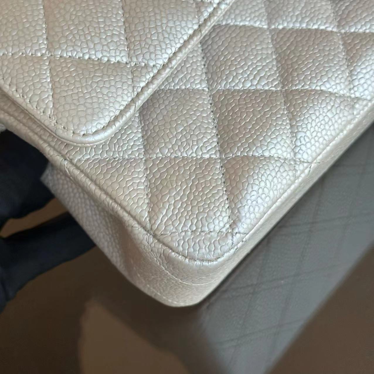 Caviar Classic Flap Quilted Grained Calfskin Iridescent Beige Gold Golden Hardware Series 16