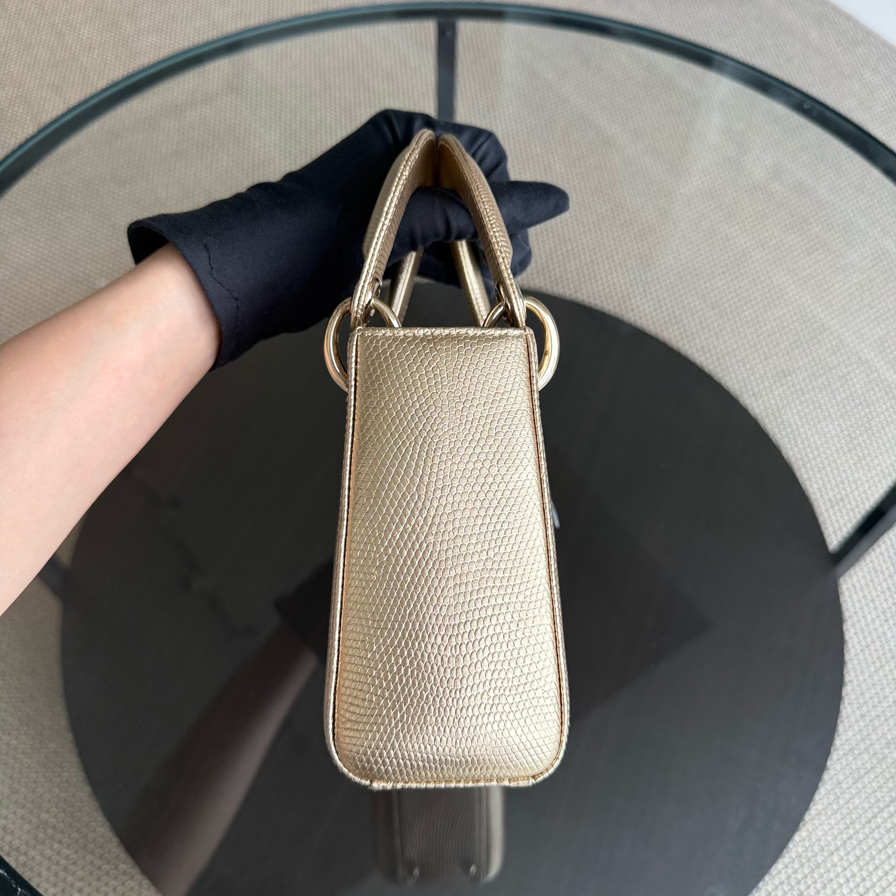 Dior Lady Mini - Exotic Lizard Skin Gold Metallic Gold Hardware Chain Strap