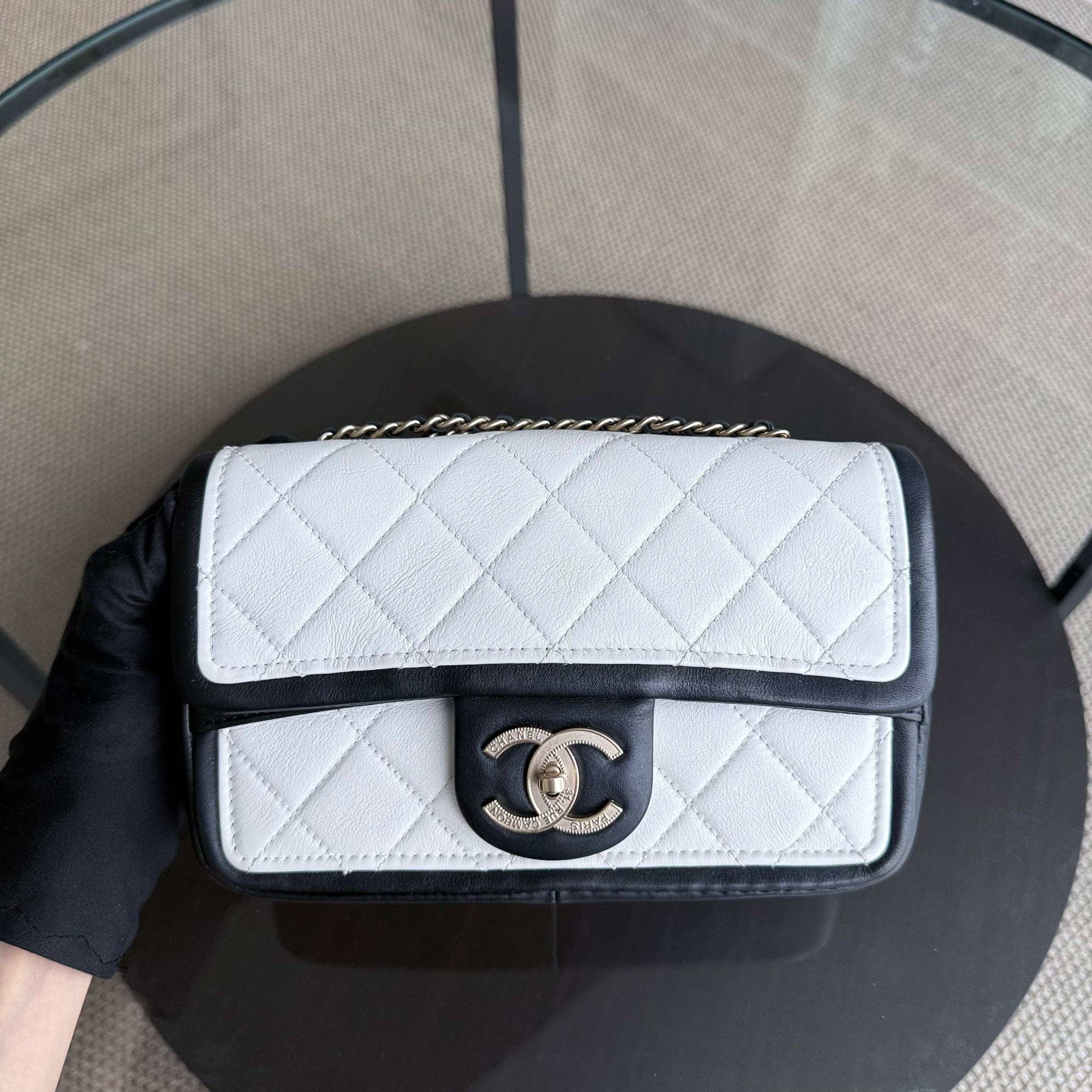 Chanel Seasonal Flap - 23CM Quilted Lambskin Bi-Color White Black Gold Hardware Series 19