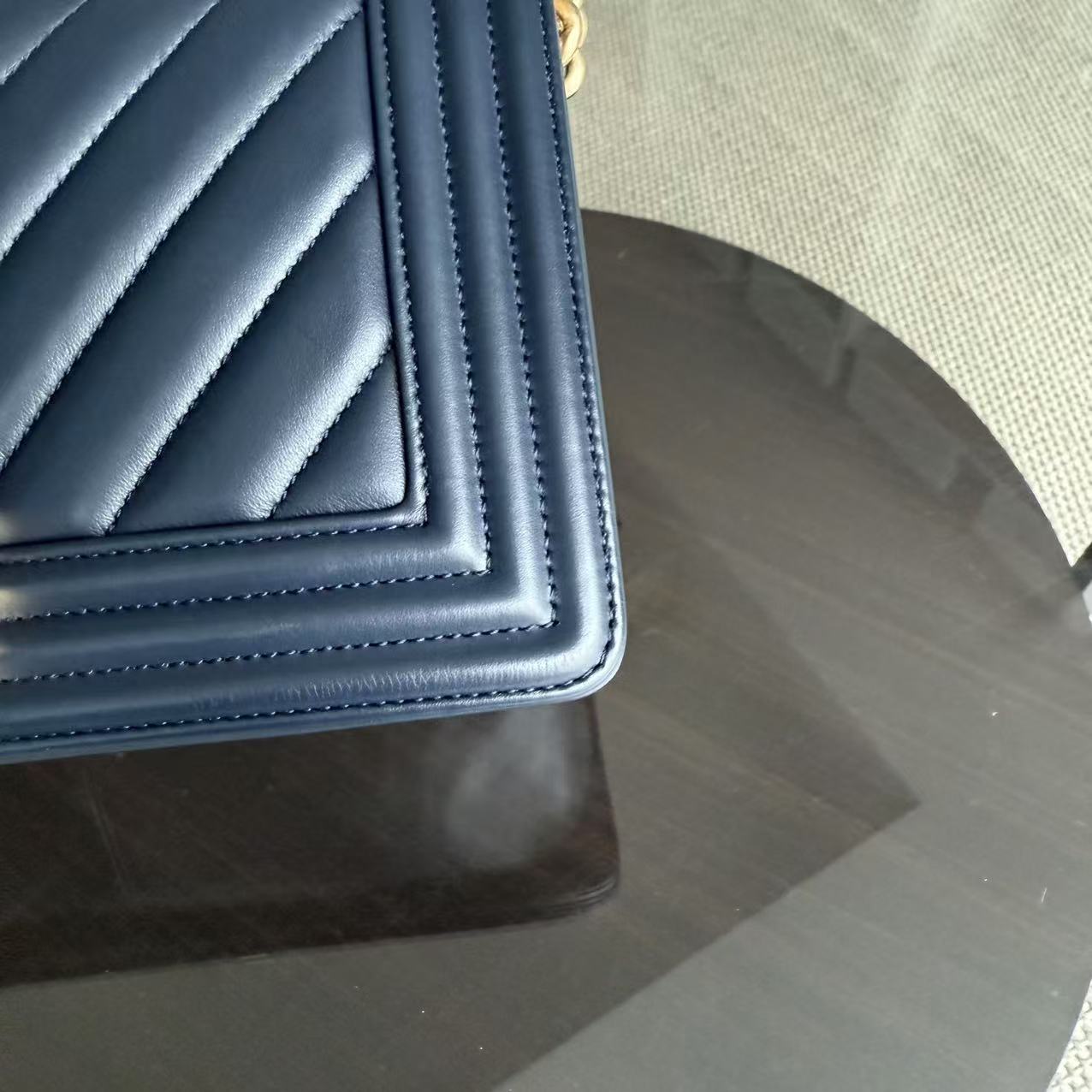 Chanel Boy Medium - 25CM Chevron Lambskin Dark Navy Blue Gold Hardware Series 25