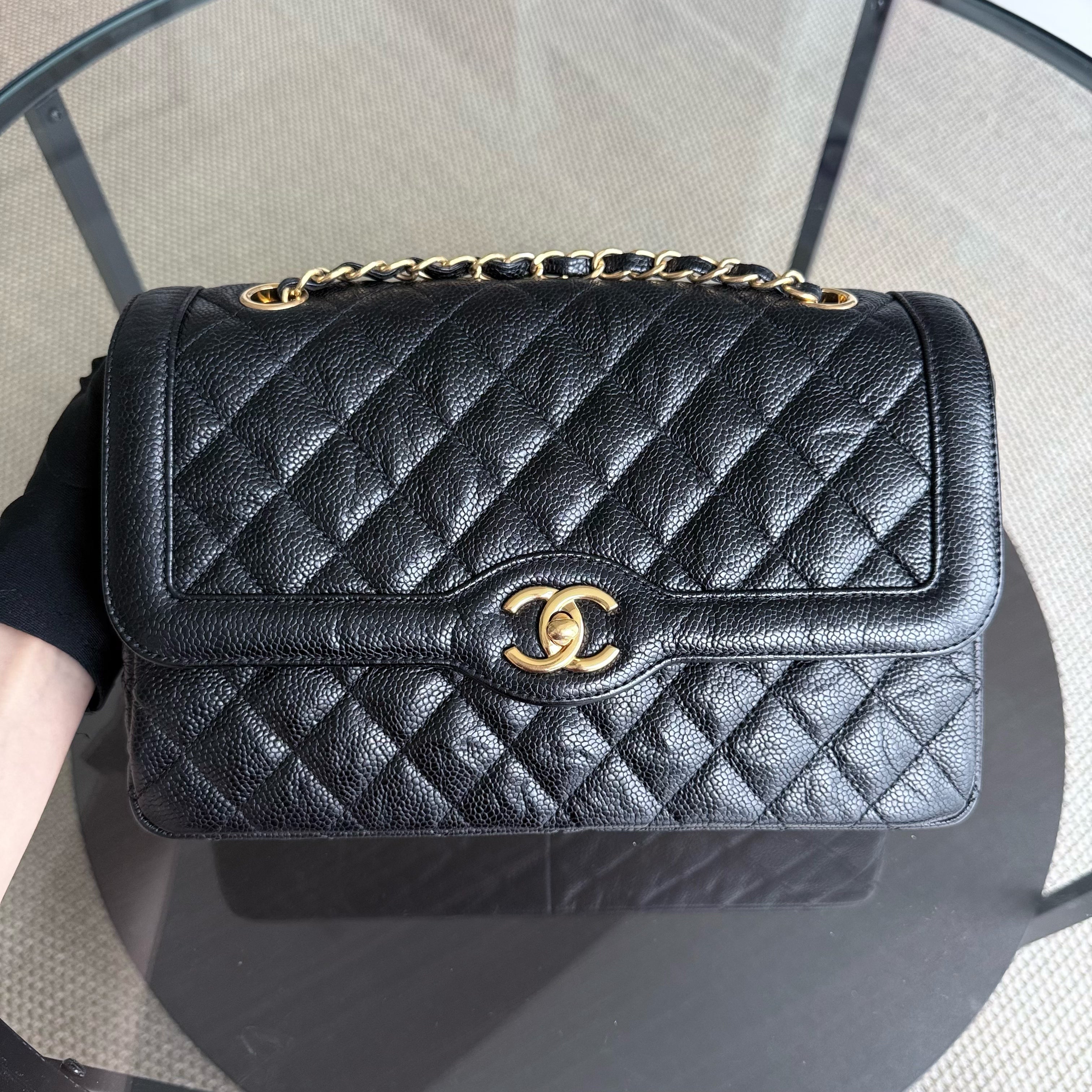 Chanel Seasonal Two-Tone Flap - Caviar 28CM Quilted Black Gold Hardware Series 21
