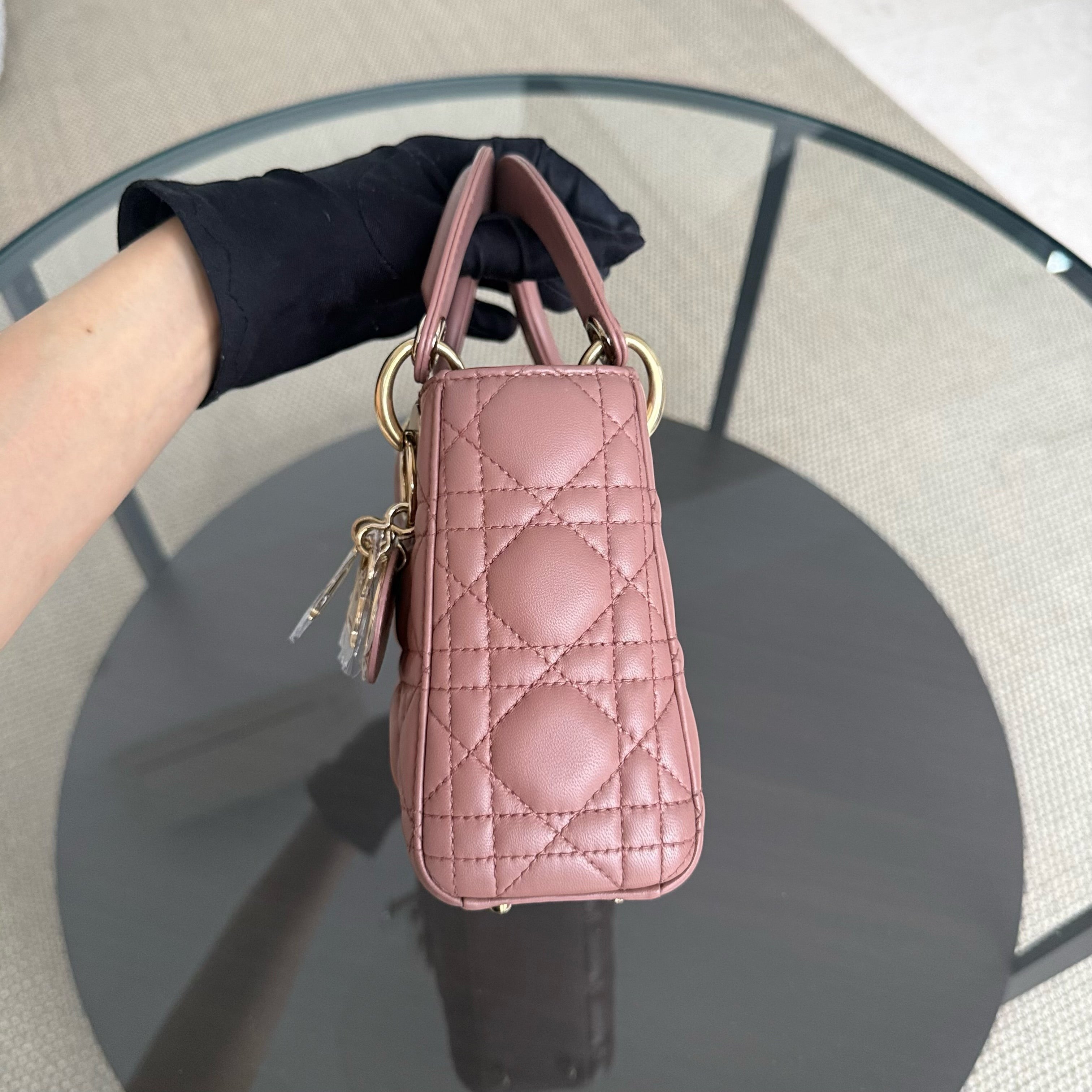 Dior Lady Mini - Cannage Lambskin Blush Gold Hardware Chain Strap