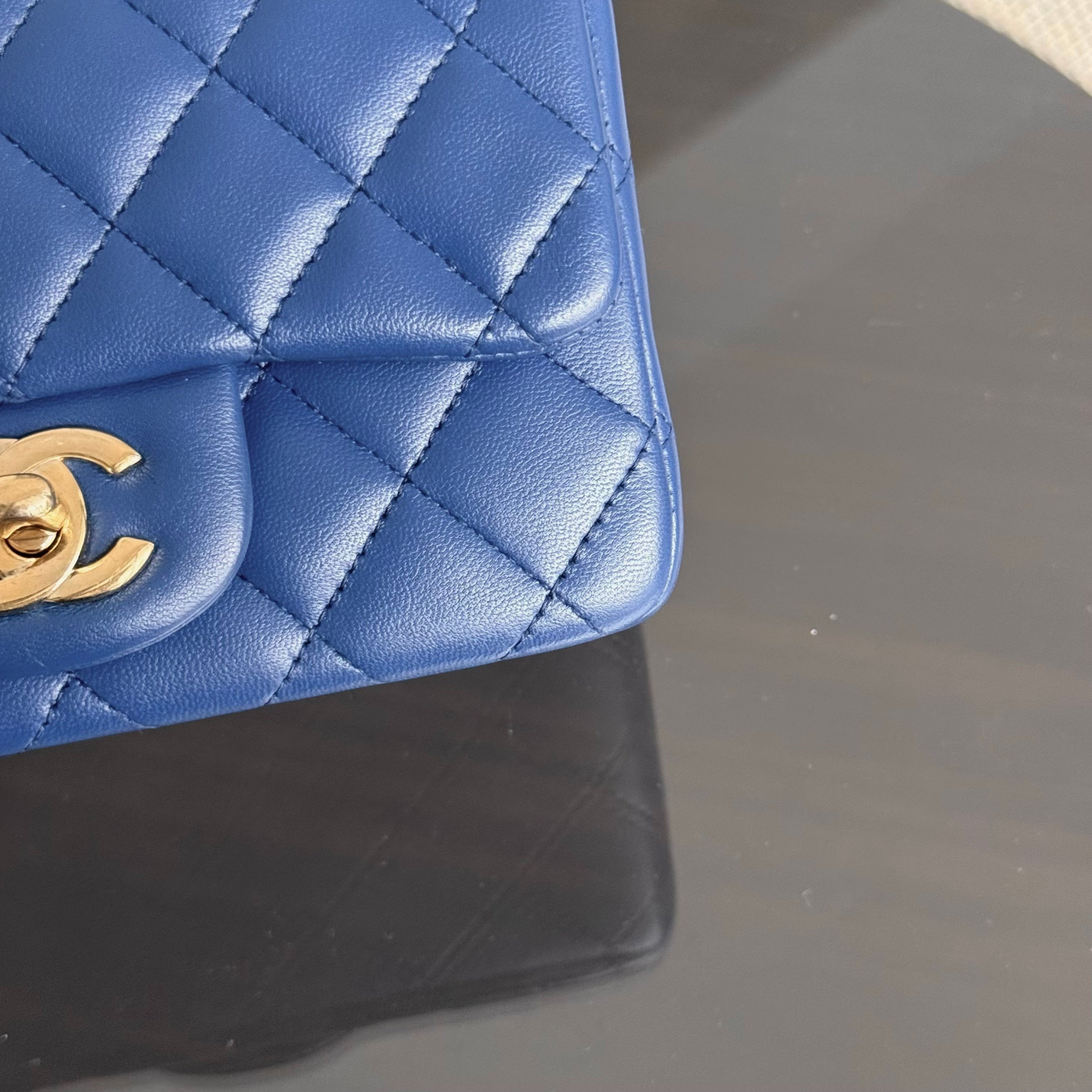 Chanel Classic Flap Mini Square - Lambskin Quilted Blue Gold Hardware Series 25