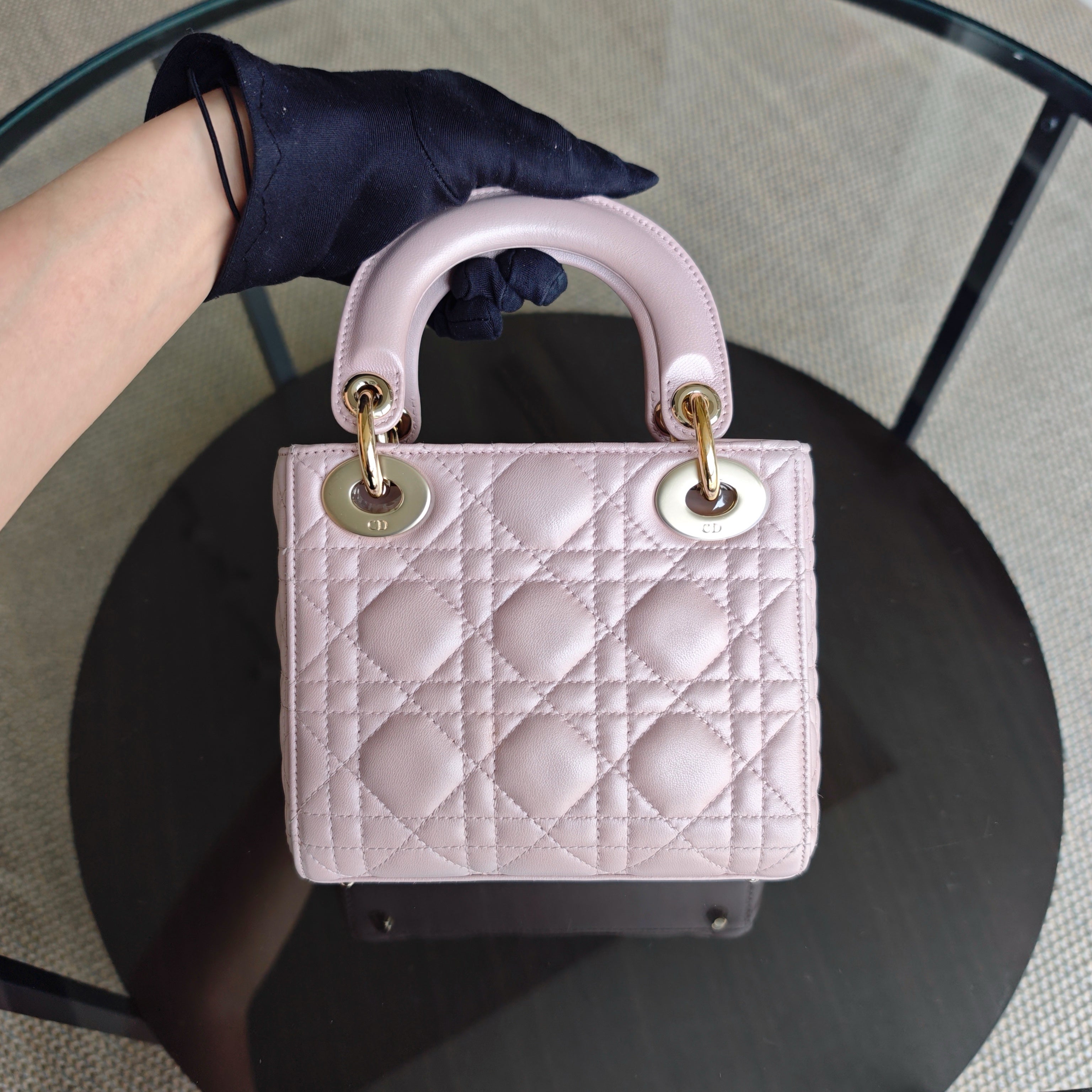 Dior Lady Mini - Cannage Lambskin Light Pink Gold Hardware Chain Strap