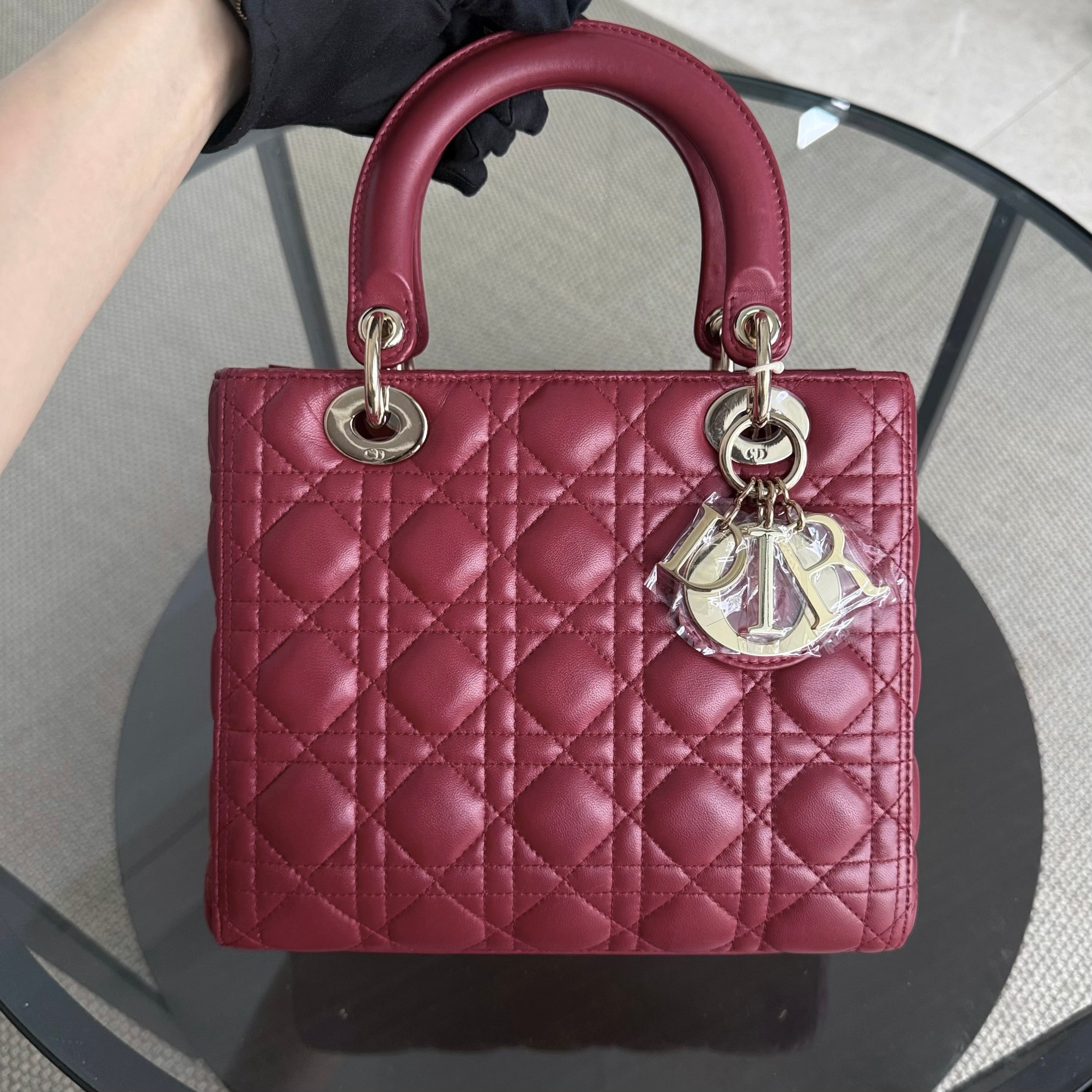 Dior Lady Medium - Cannage Lambskin Burgundy Dark Red Gold Hardware Adjustable Strap