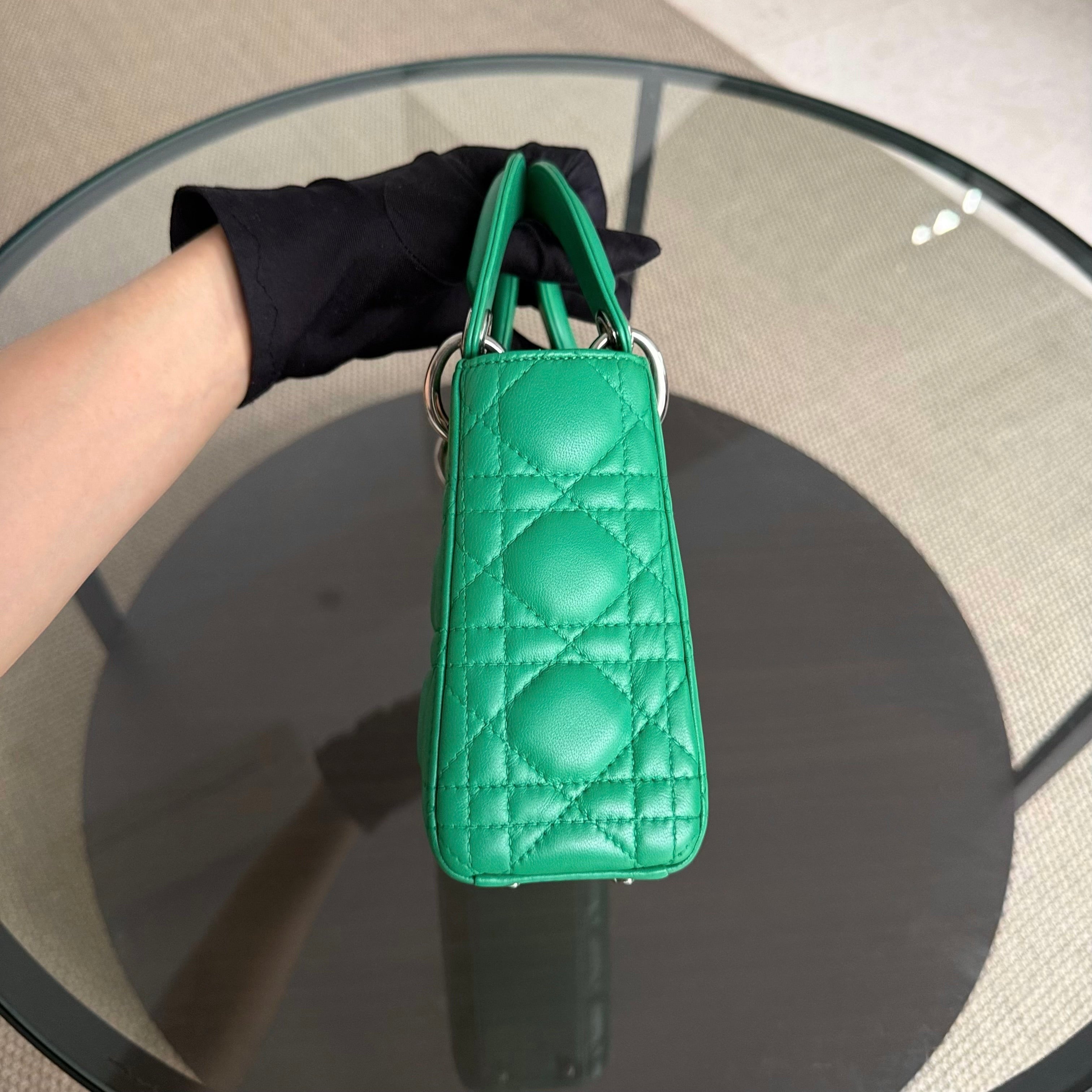 Dior Lady Mini - Cannage Lambskin Emerald Green Silver Hardware Adjustable Strap