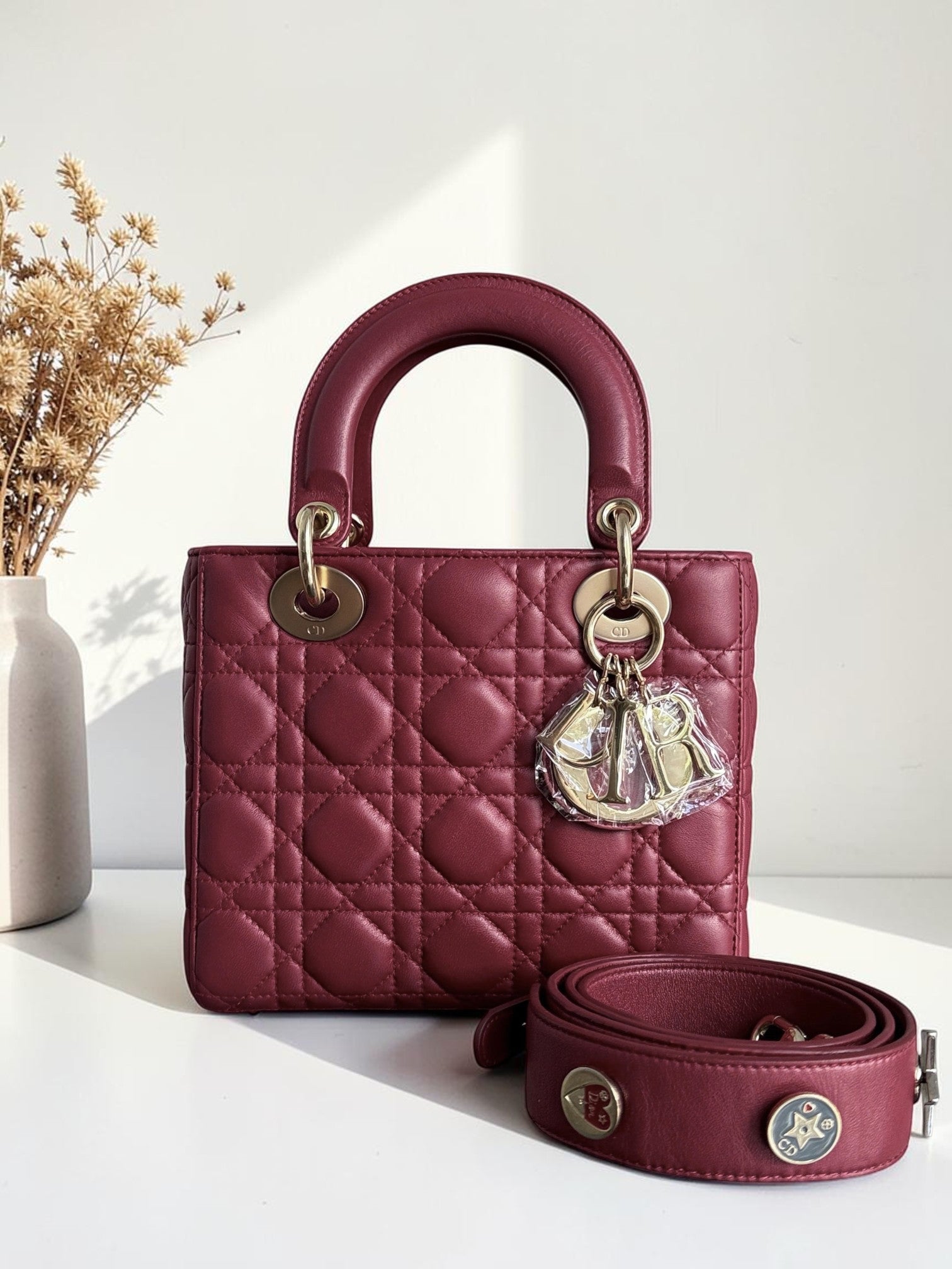 Dior Lady Small Flap - Cannage Lambskin Dark Red Burgundy Gold Hardware