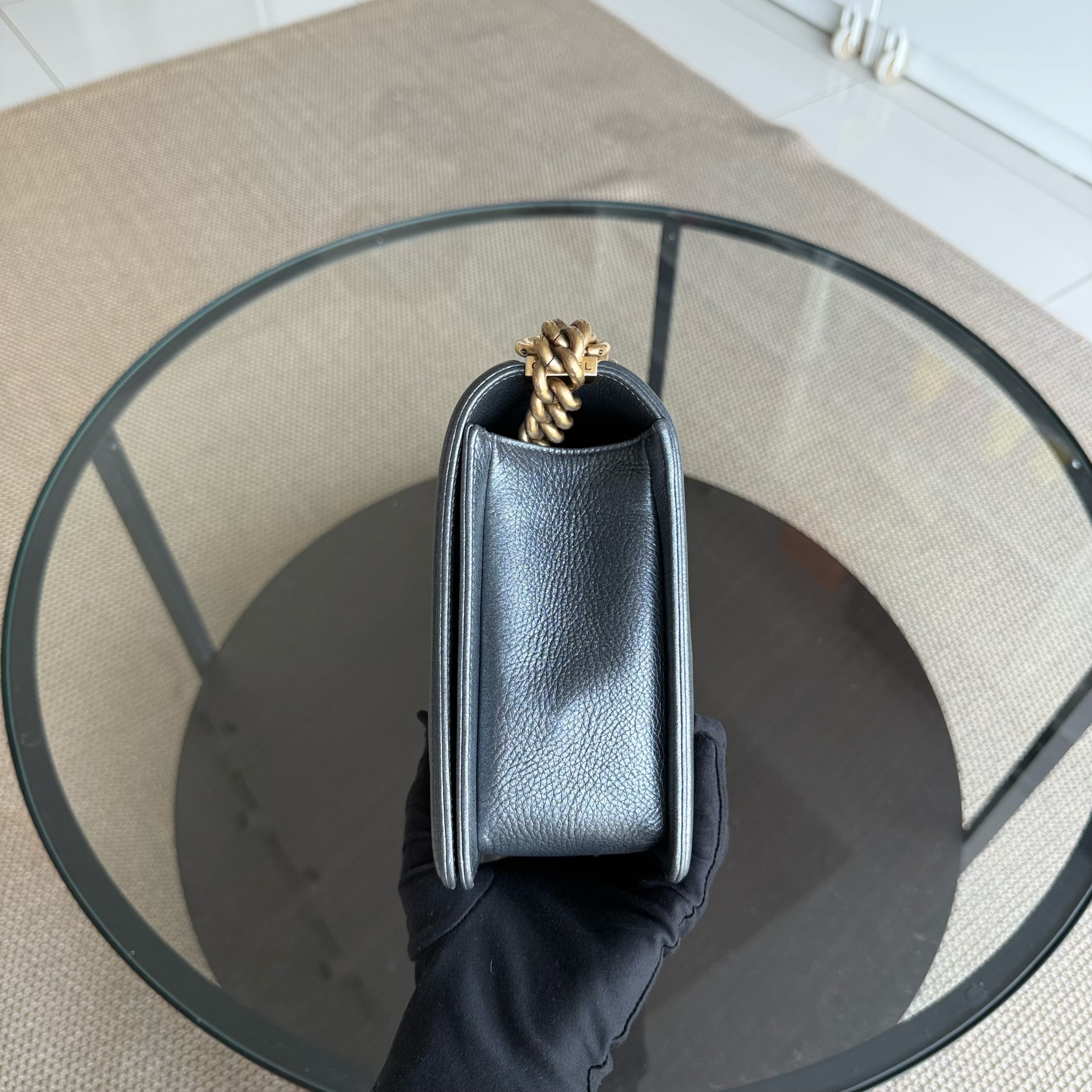 Chanel Boy New Medium - 28CM Quilted Grained Calfskin Dark Gray Ruthenium Gold Hardware Series 20