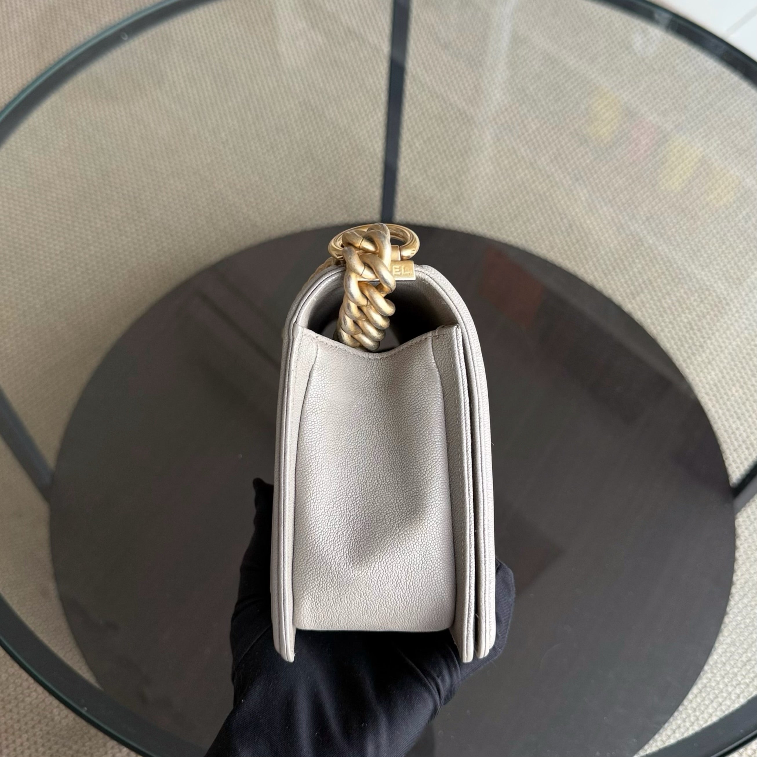 Chanel Boy Medium - Caviar 25CM Quilted Grained Calfskin Grey Gray Gold Hardware Series 27