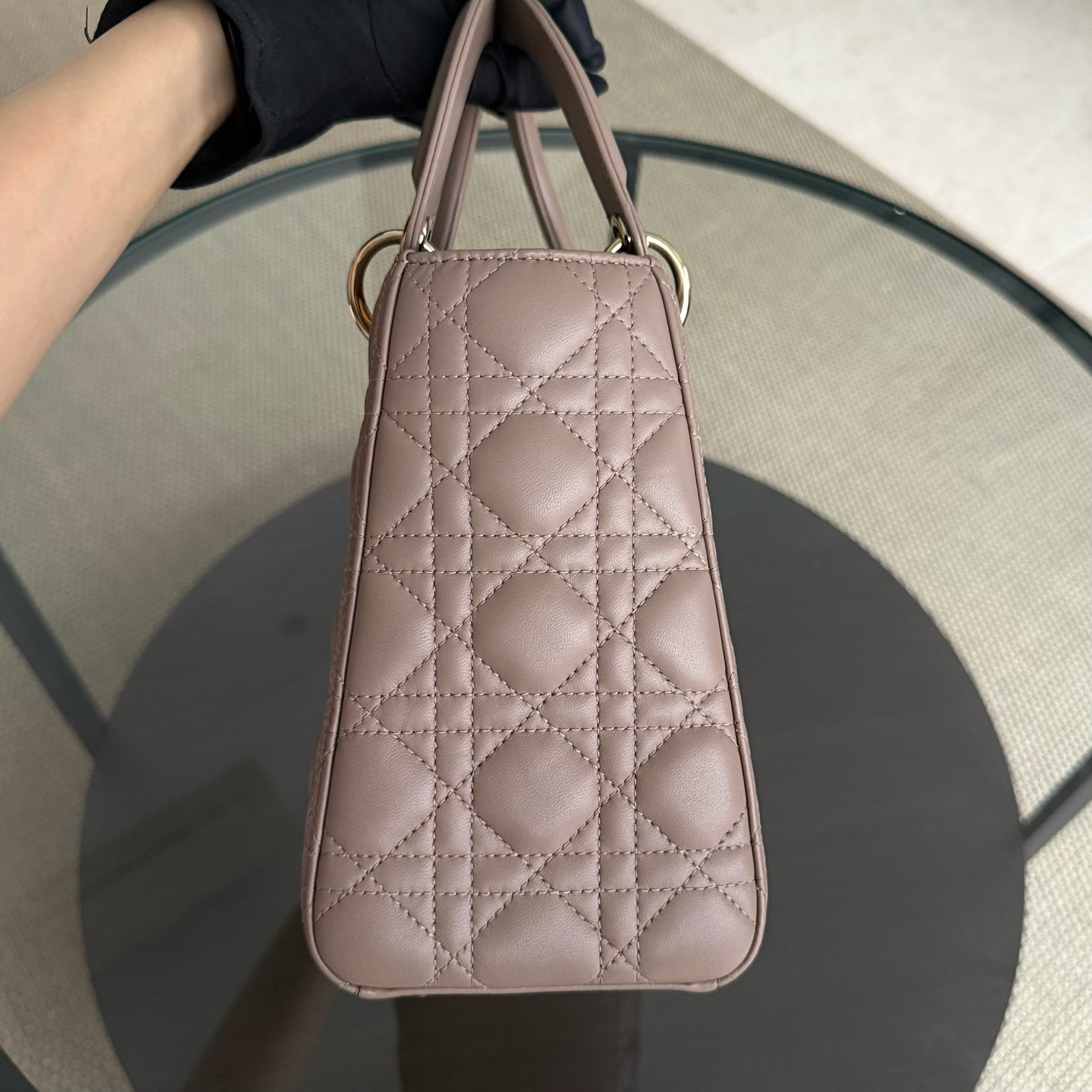 Dior Lady Flap Medium - Cannage Lambskin Dark Blush Gold Hardware Adjustable Strap