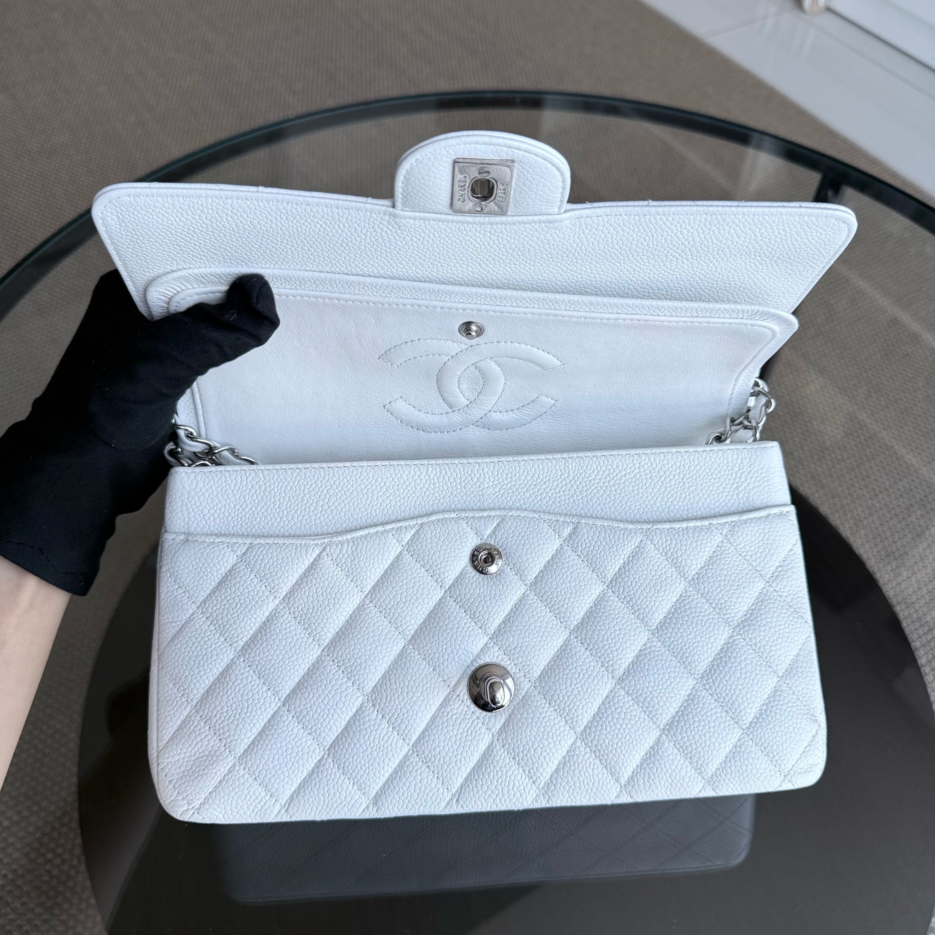 Chanel Classic Flap Medium - Caviar Quilted Grained Calfskin White Silver Hardware Series 15