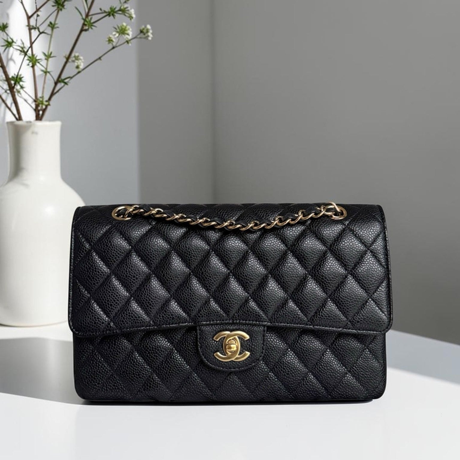 Chanel Classic Flap Medium - Caviar 25CM Quilted Double Flap Black Gold Hardware Series 21