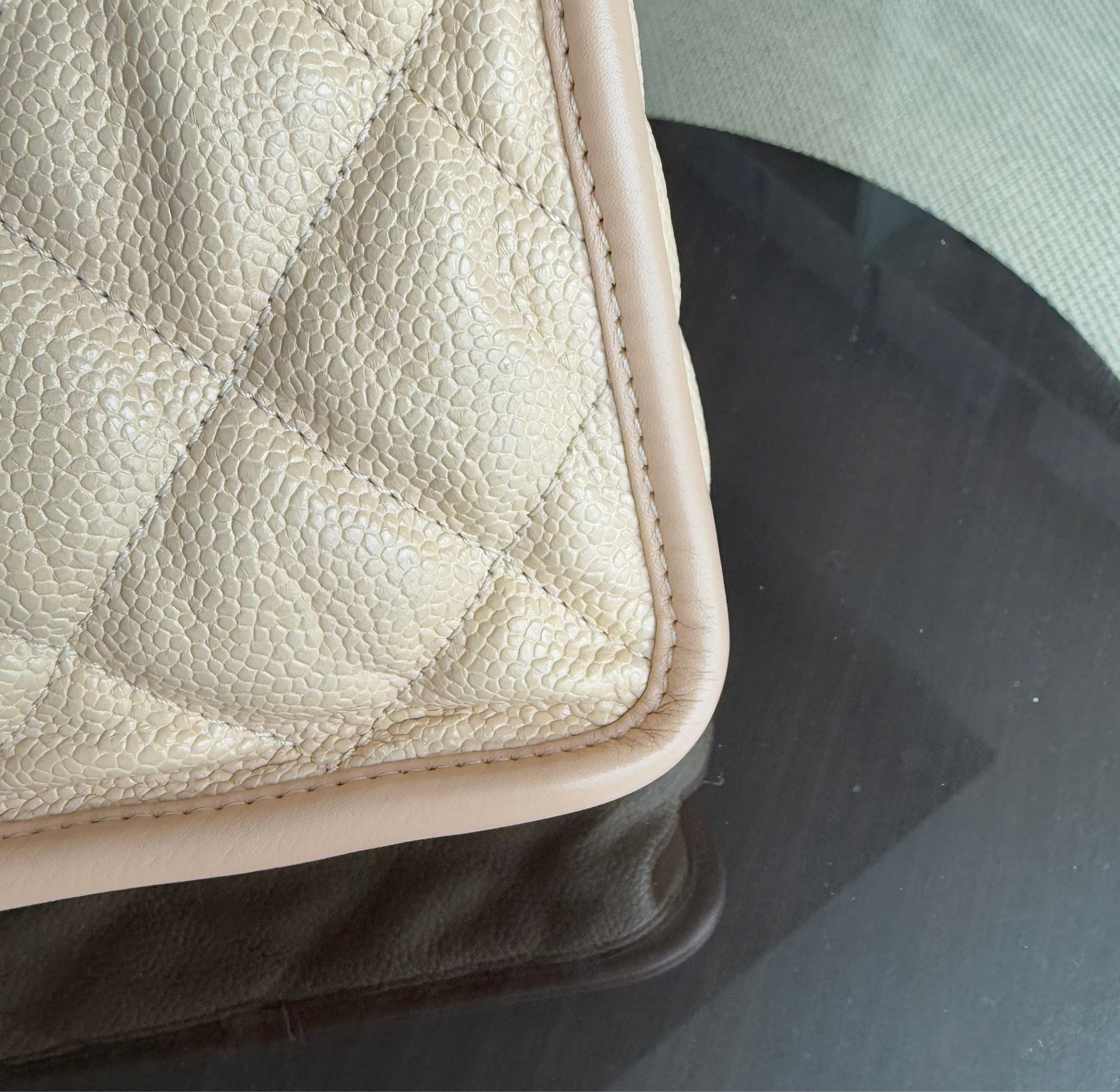 Chanel French Riviera Jumbo - Caviar Quilted Beige Silver Hardware Series 17