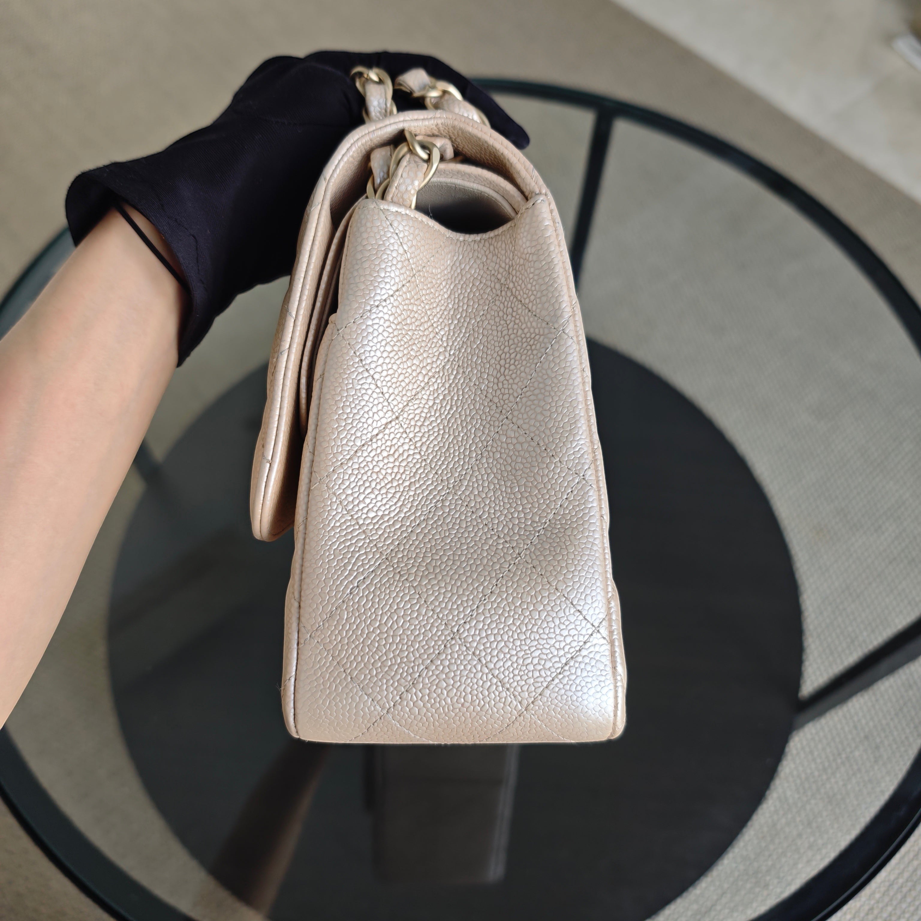 Chanel Classic Flap Jumbo - Caviar 30CM Double Flap Quilted iridescent Beige Gold Hardware Series 16