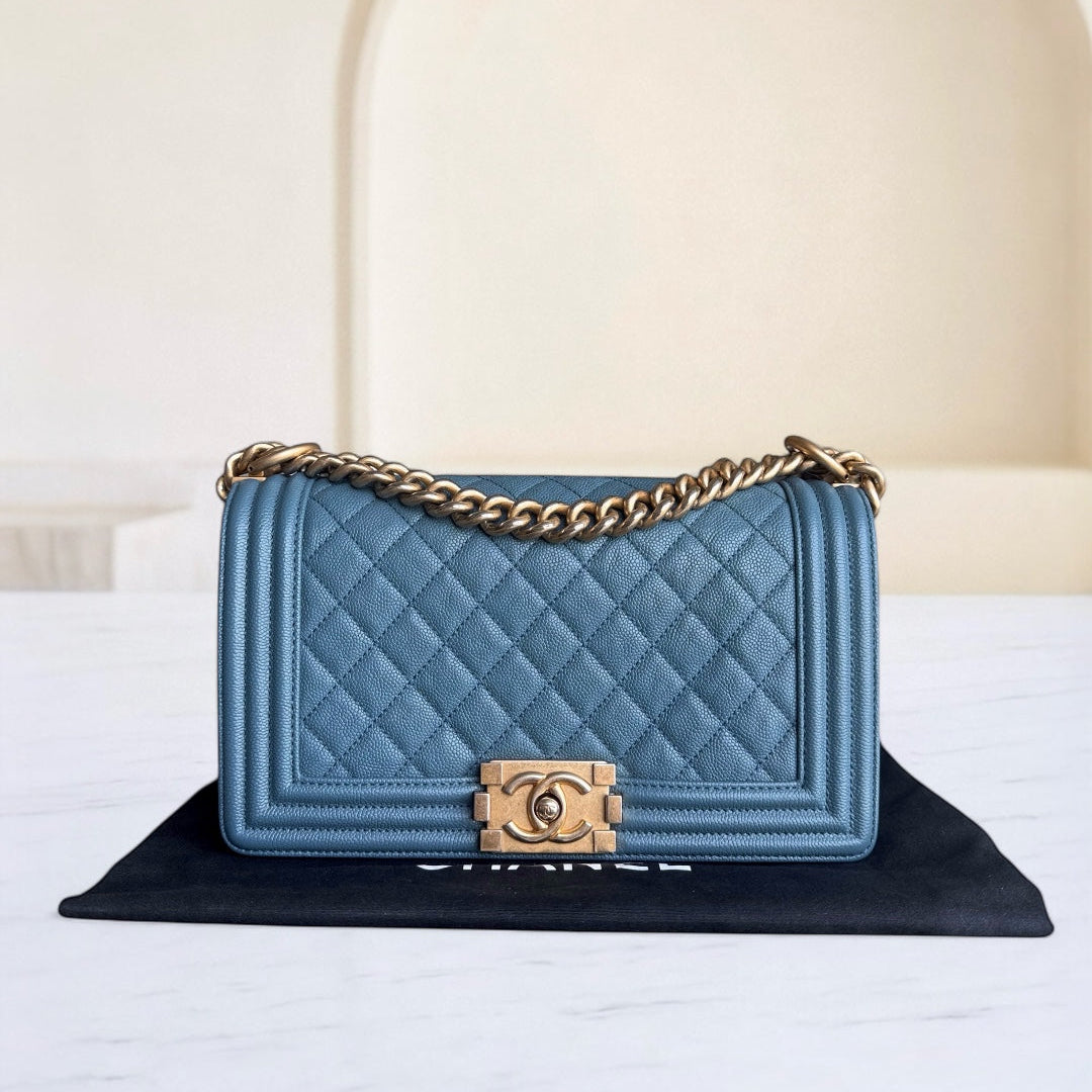 Chanel Boy Medium - Caviar 25CM Quilted Blue Gold Hardware 25