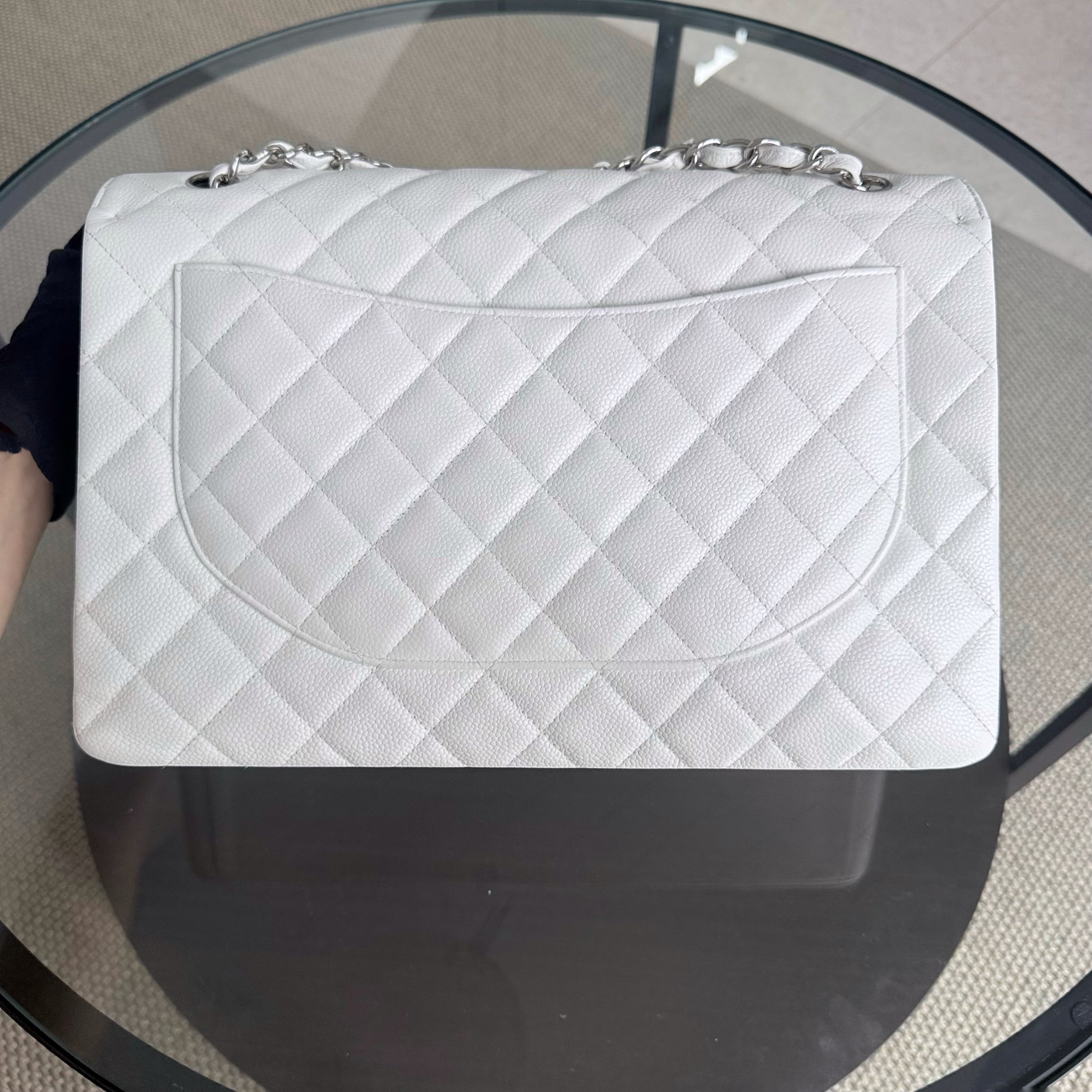 Chanel Classic Flap Maxi - Caviar 33CM Single Flap Quilted White Silver Harware Series 13