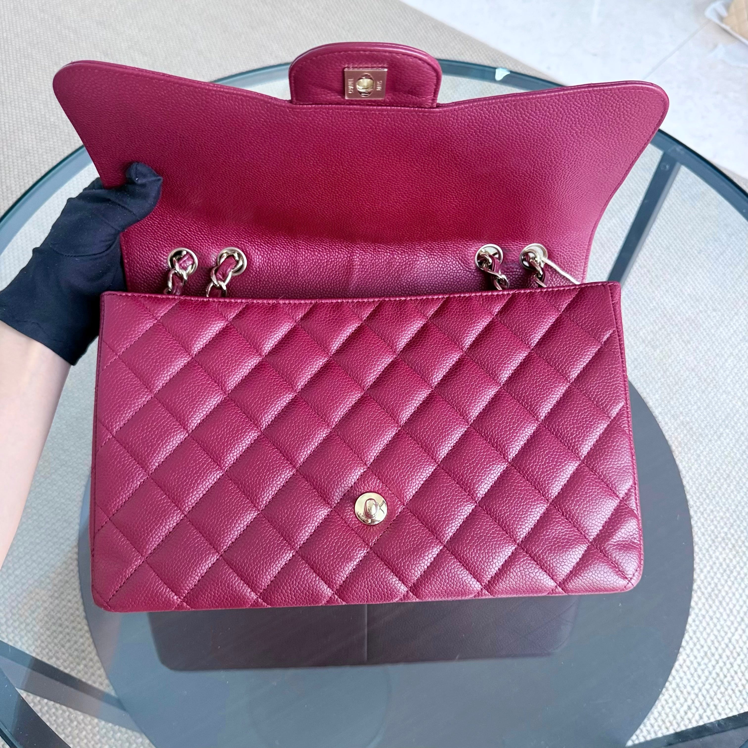 Chanel Classic Flap Jumbo - Caviar 30CM Single Flap Quilted Burgundy Dark Red Gold Hardware Series 13