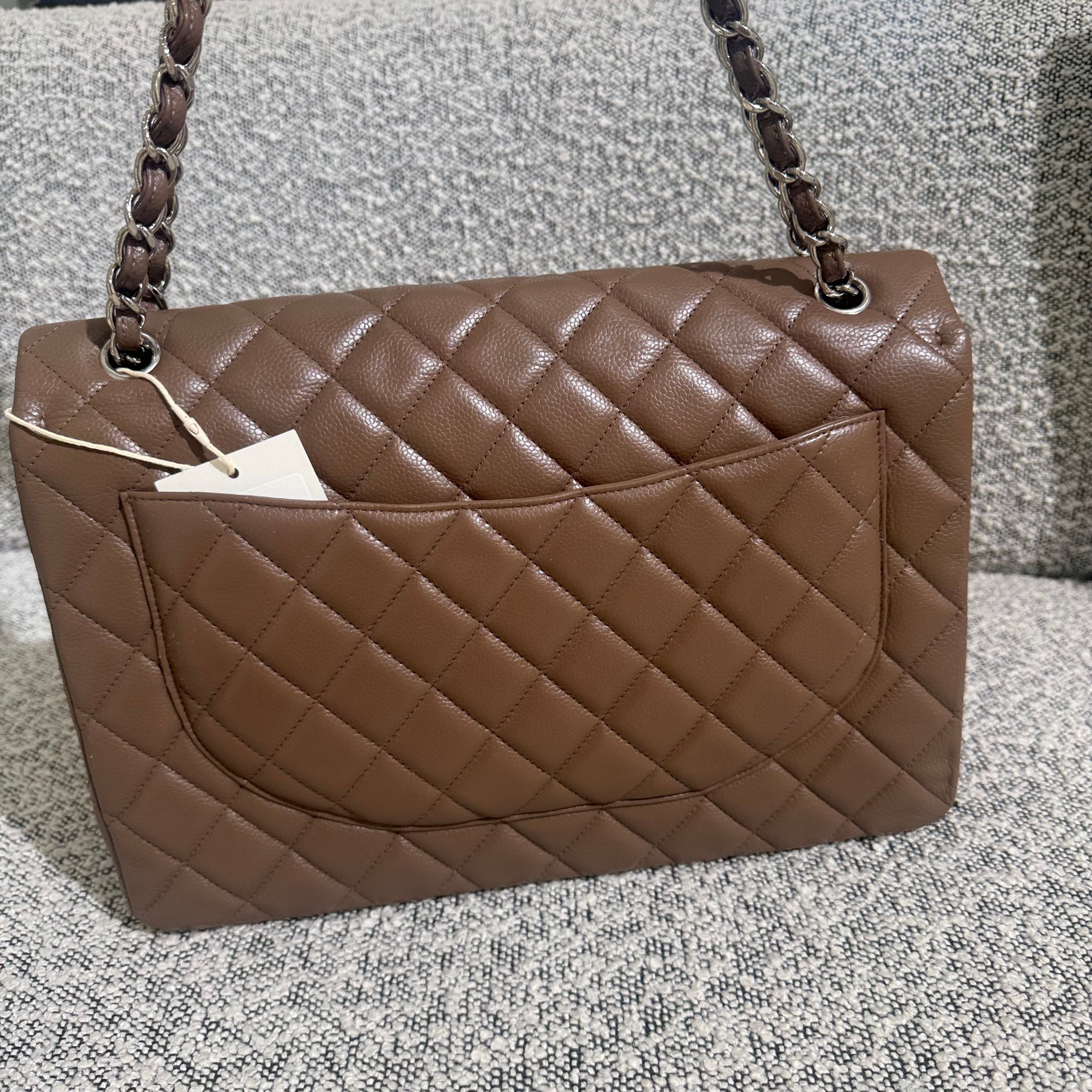 Chanel Classic Flap Maxi - Caviar 33CM Single Flap Quilted Brown Silver Harware