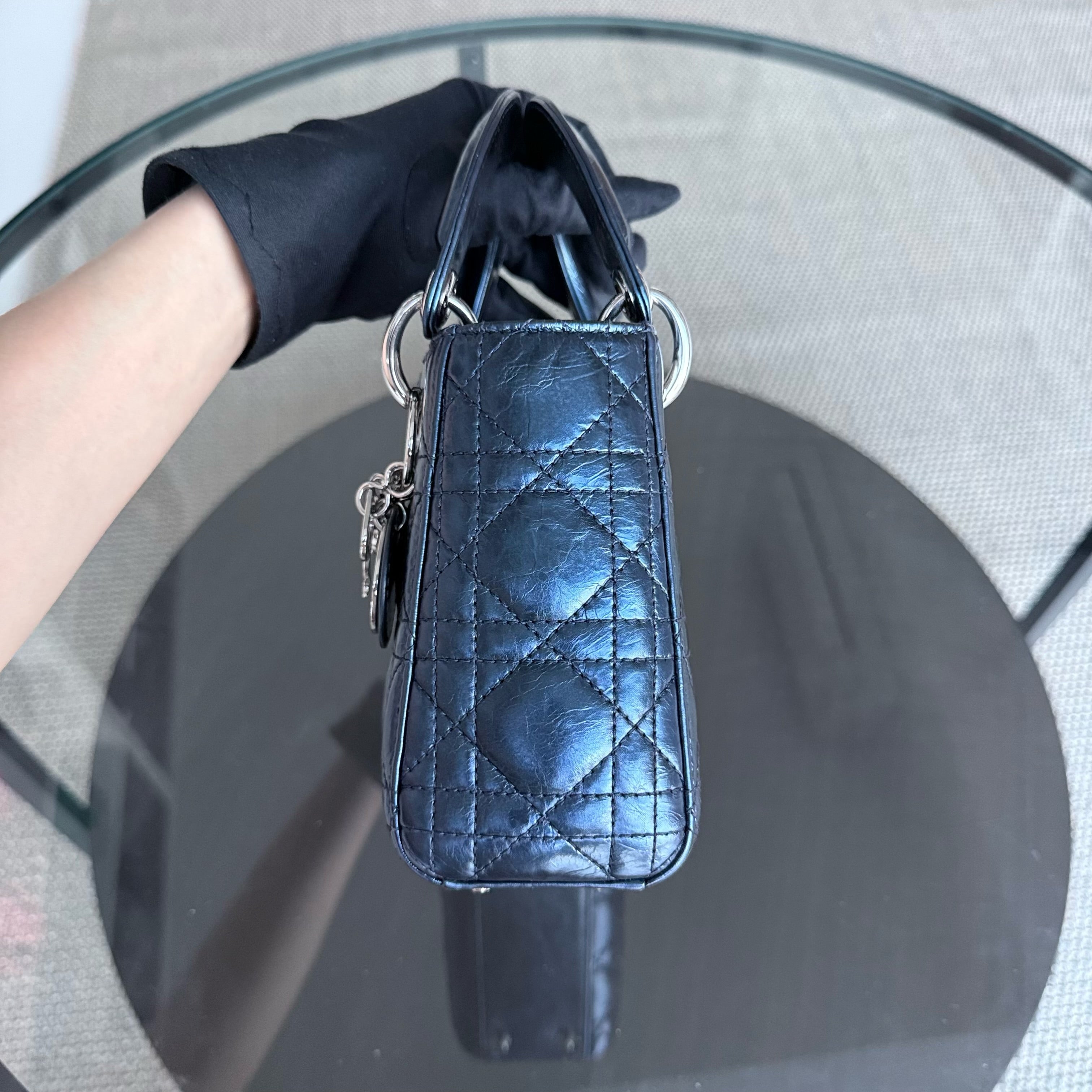 Dior Lady Mini - Cannage Glazed Calfskin Metallic Blue Silver Hardware