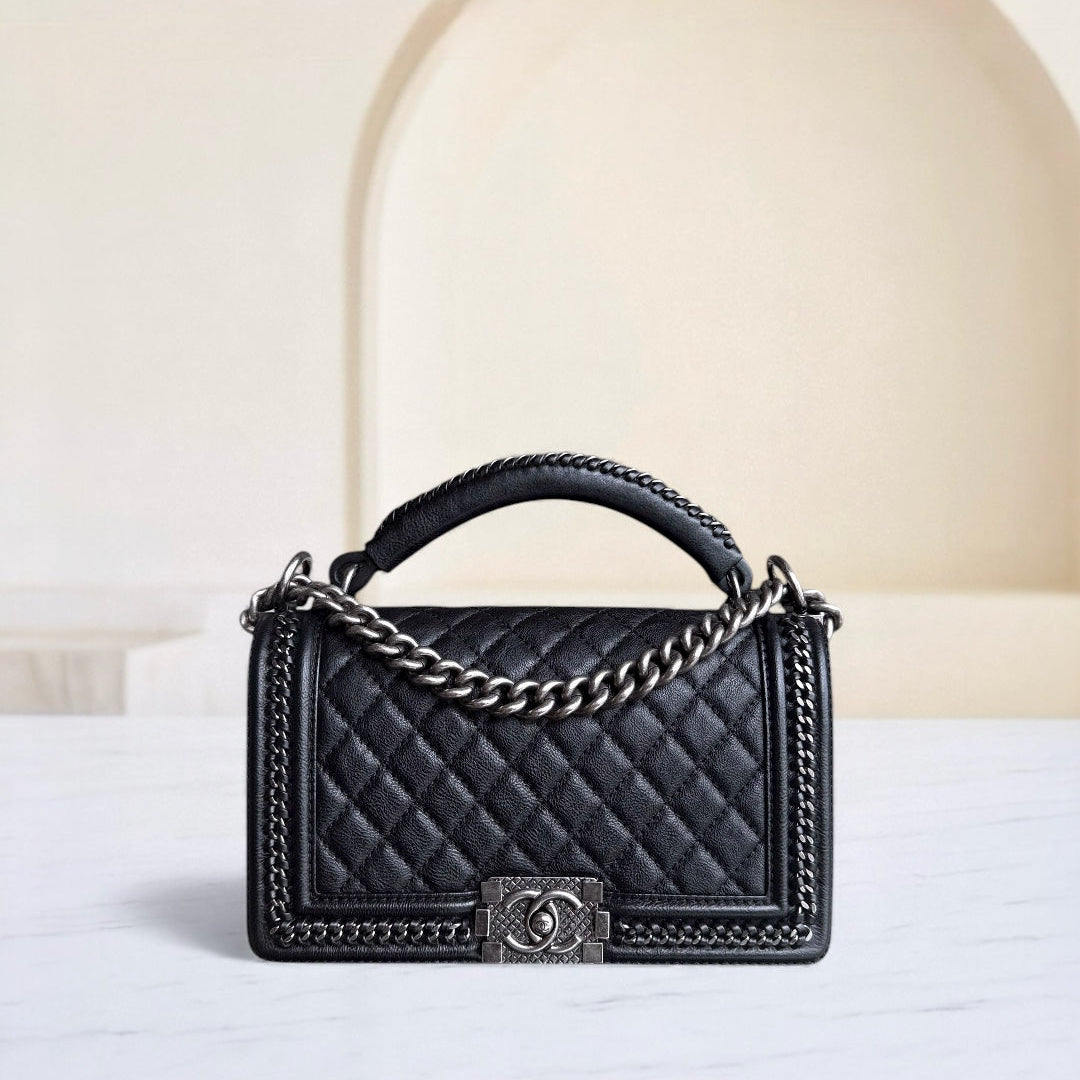 Chanel Boy Handle Old Medium 25CM Black Quilted Grained Calfskin With Handle Chain Around Ruthenium Silver Hardware Series 23