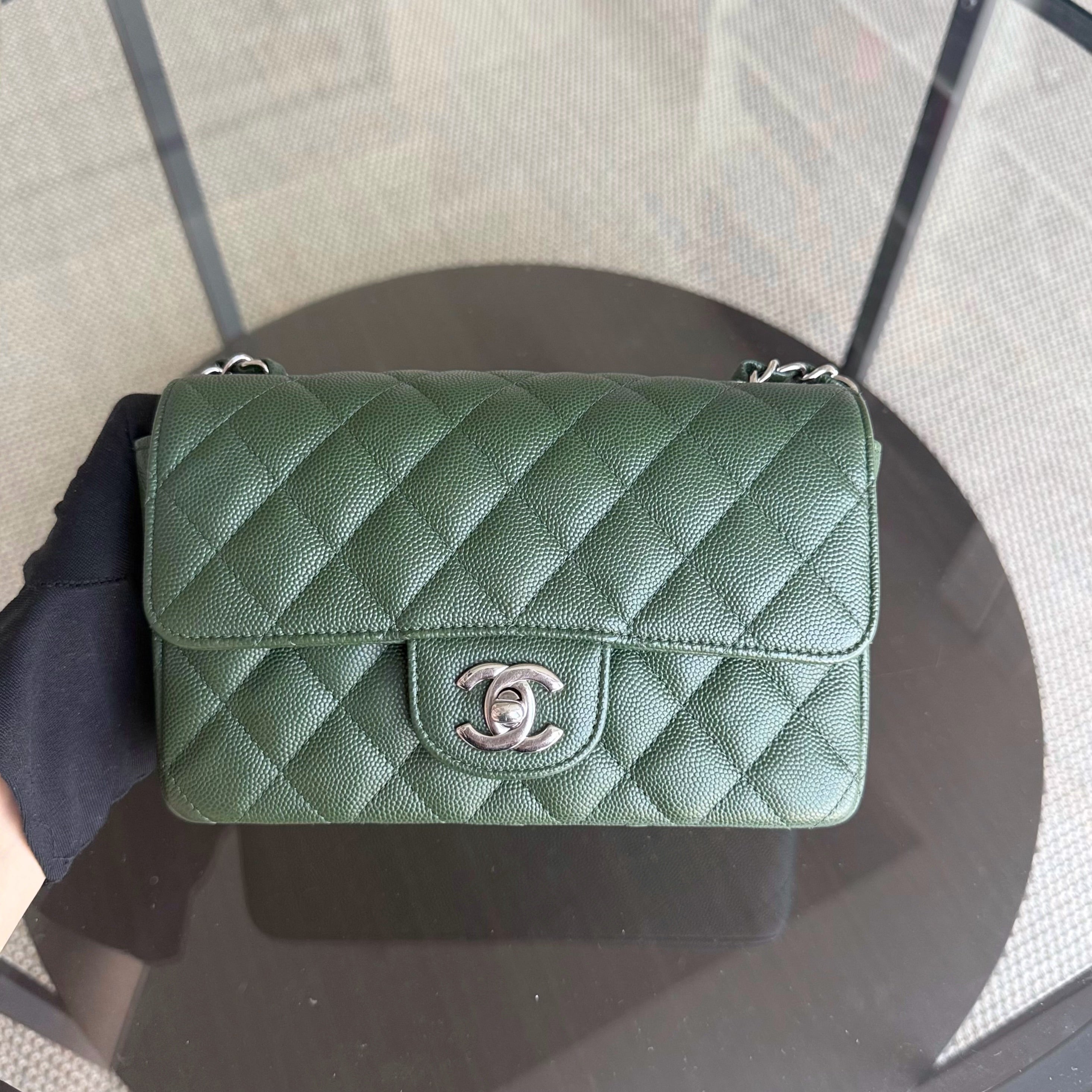 Chanel Caviar Mini Rectangle Classic Flap - 20CM Quilted Dark Green Silver Hardware Series 25