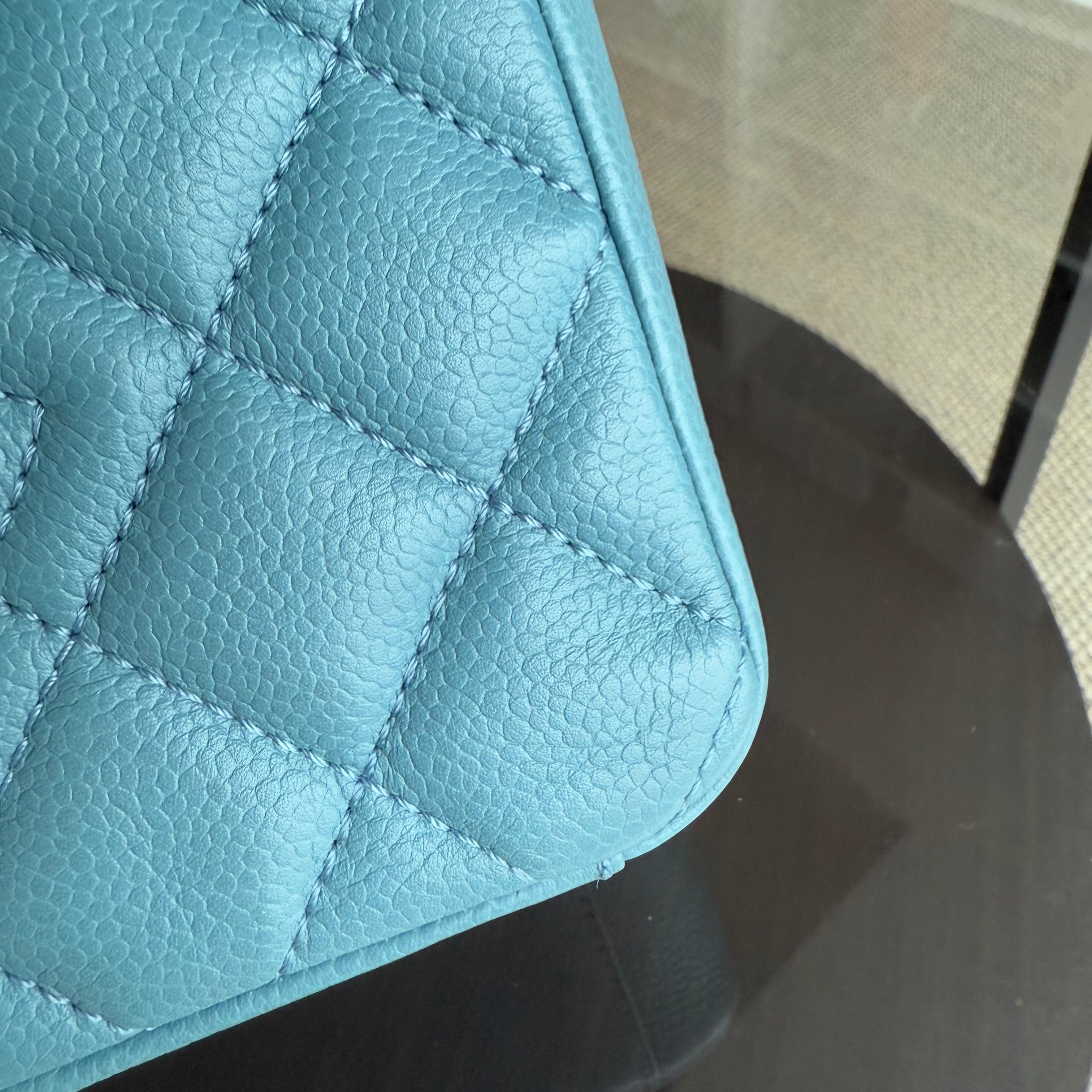 Chanel PST Petite Shopping Tote - Quilted Caviar Light Blue Silver Hardware Series 14