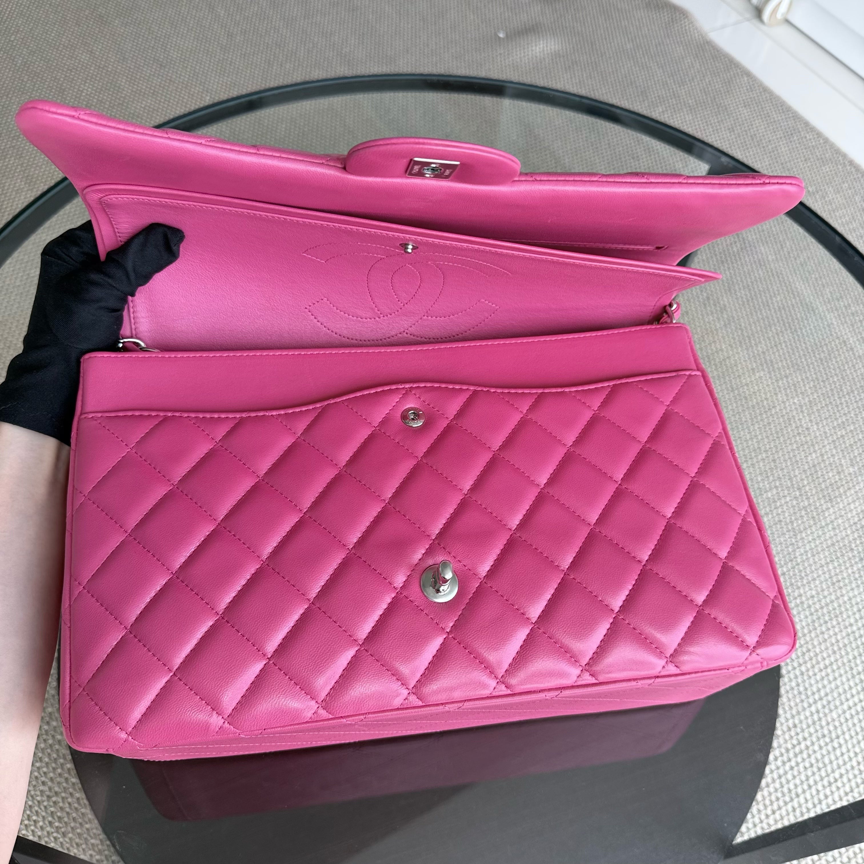 Chanel Classic Flap Maxi - Double Flap 33CM Quilted Lambskin Hot Pink Silver Hardware Series 19