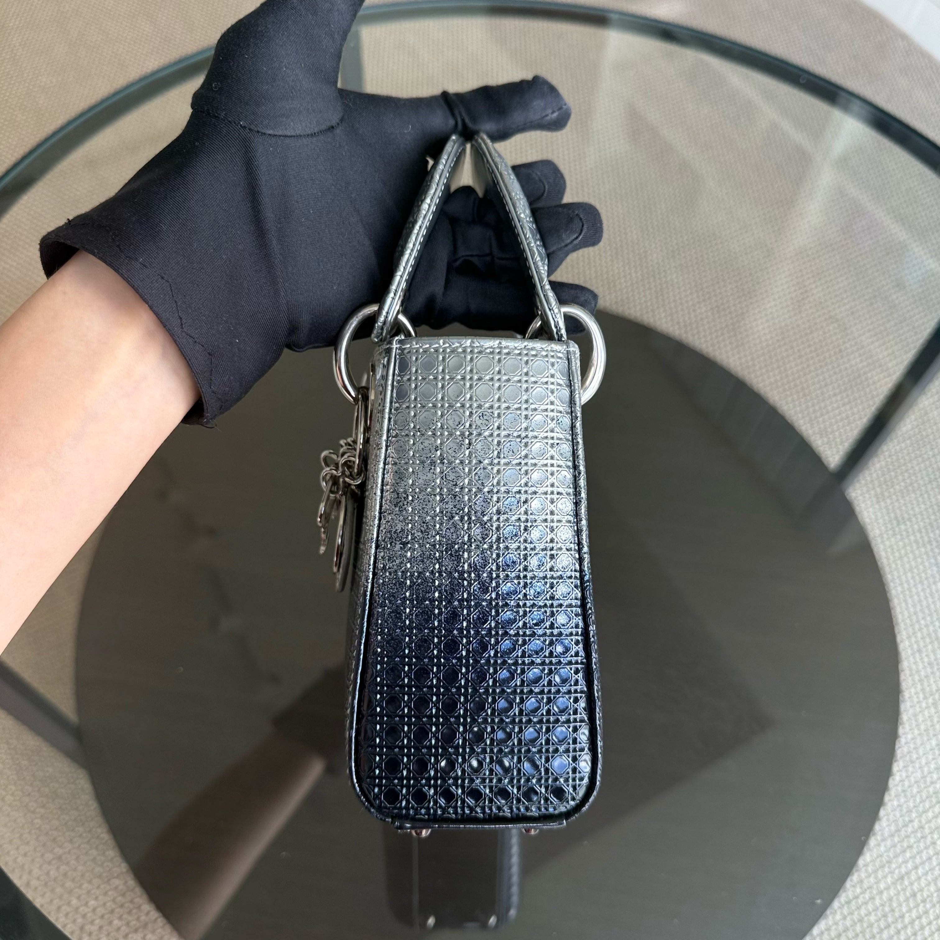 Dior Lady Mini - Micro Cannage Metallic Two-tone Silver Dark Blue Silver Hardware