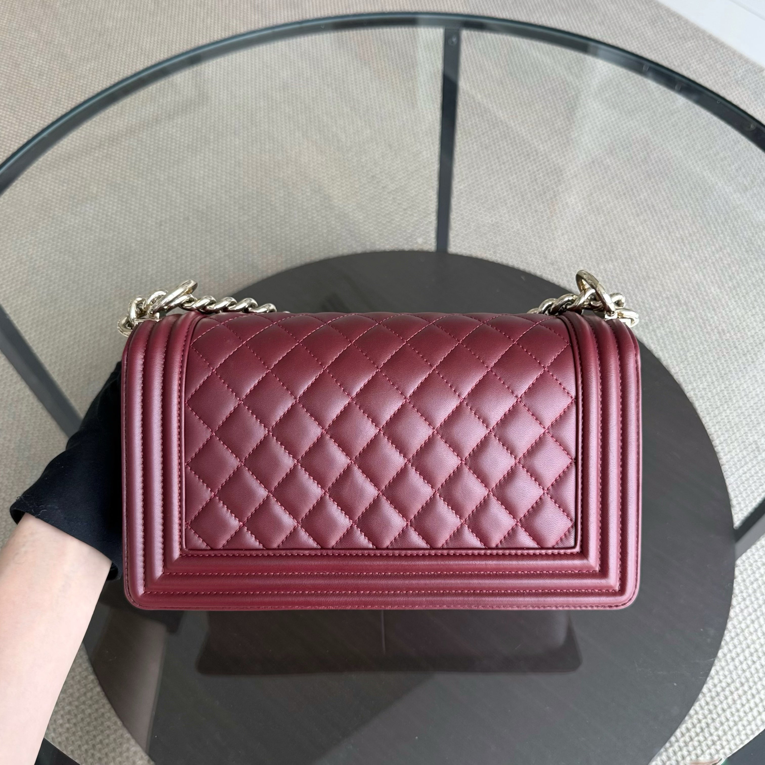 Chanel Boy Medium - 25CM Quilted Lambskin Burgundy Red Gold Hardware Series 22