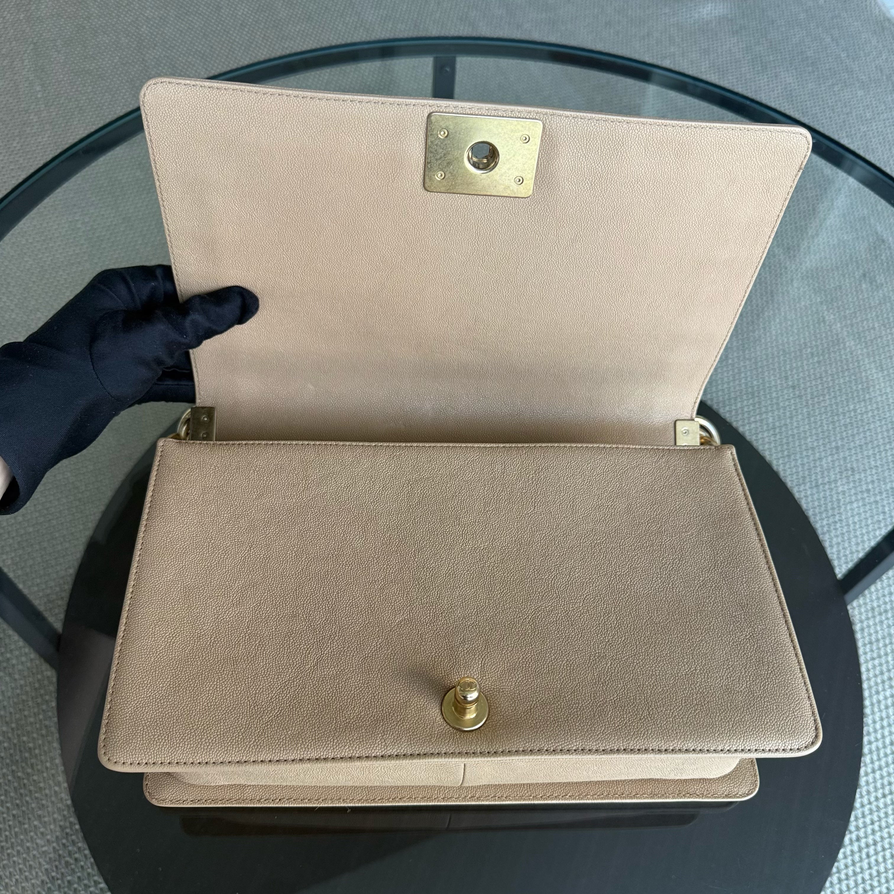 Chanel Boy New Medium - Caviar 28CM Quilted Beige Grained Calfskin Gold Hardware Series 28